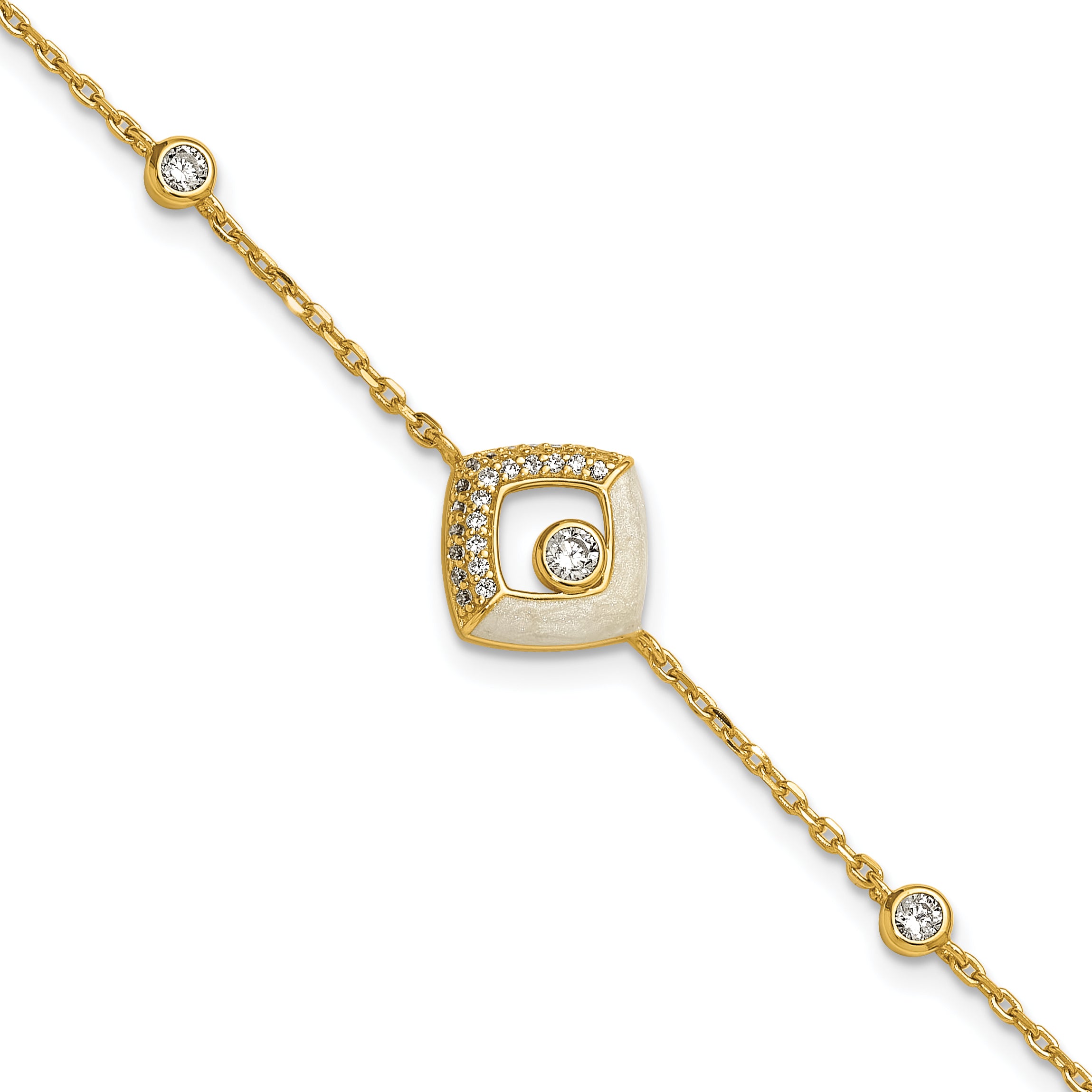 Sterling Silver Gold-tone CZ and Champagne Enamel Square 7 inch with 0.5 inch Extension Bracelet