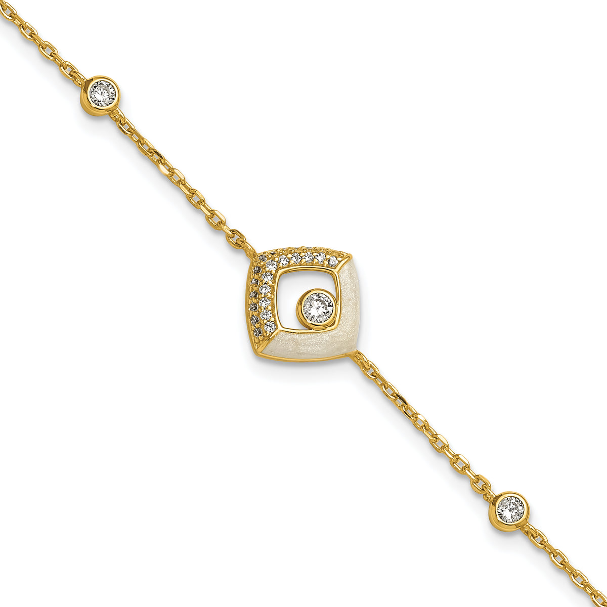 Sterling Silver Gold-tone CZ and Champagne Enamel Square 7 inch with 0.5 inch Extension Bracelet
