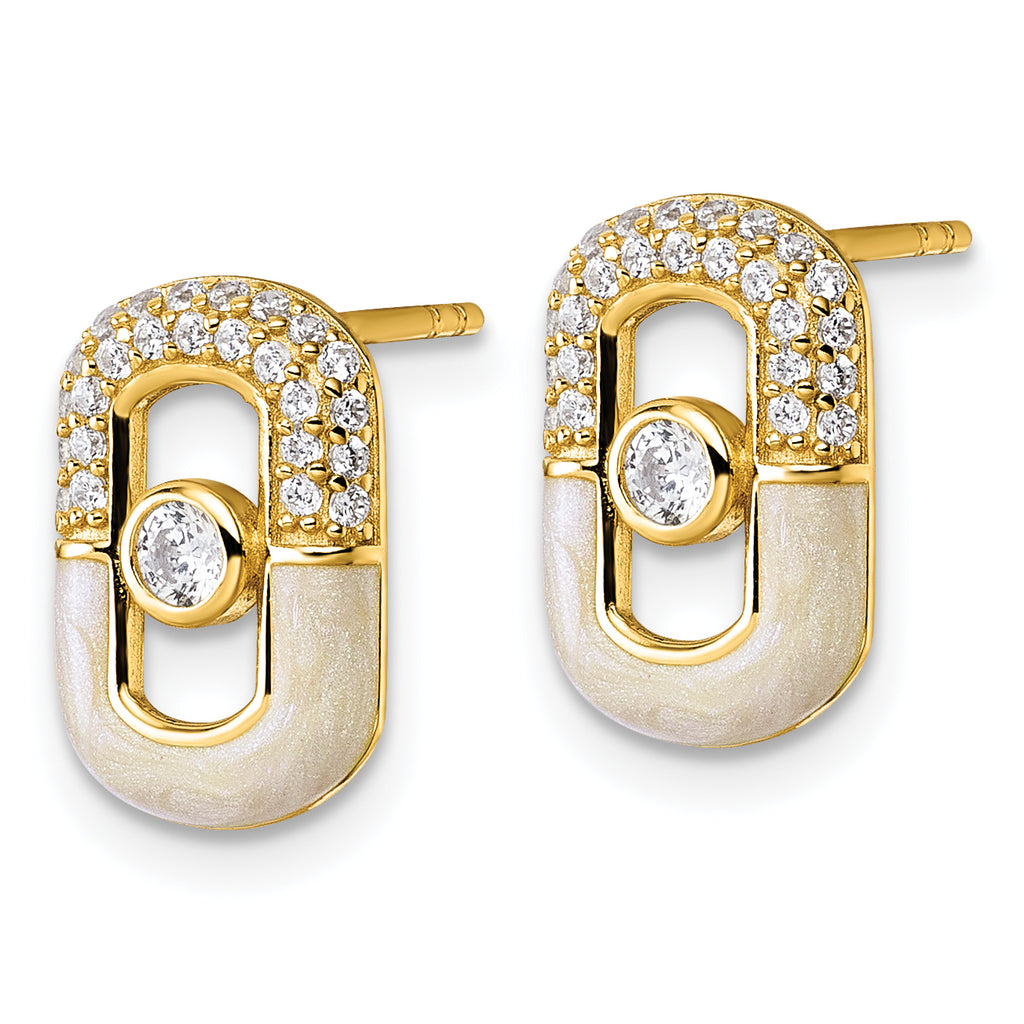 Sterling Silver Gold-tone CZ and Champagne Enamel Rectangle Post Earrings