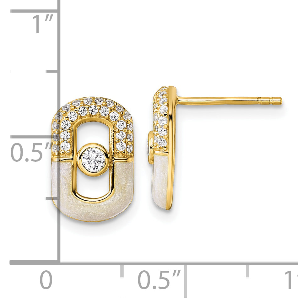 Sterling Silver Gold-tone CZ and Champagne Enamel Rectangle Post Earrings