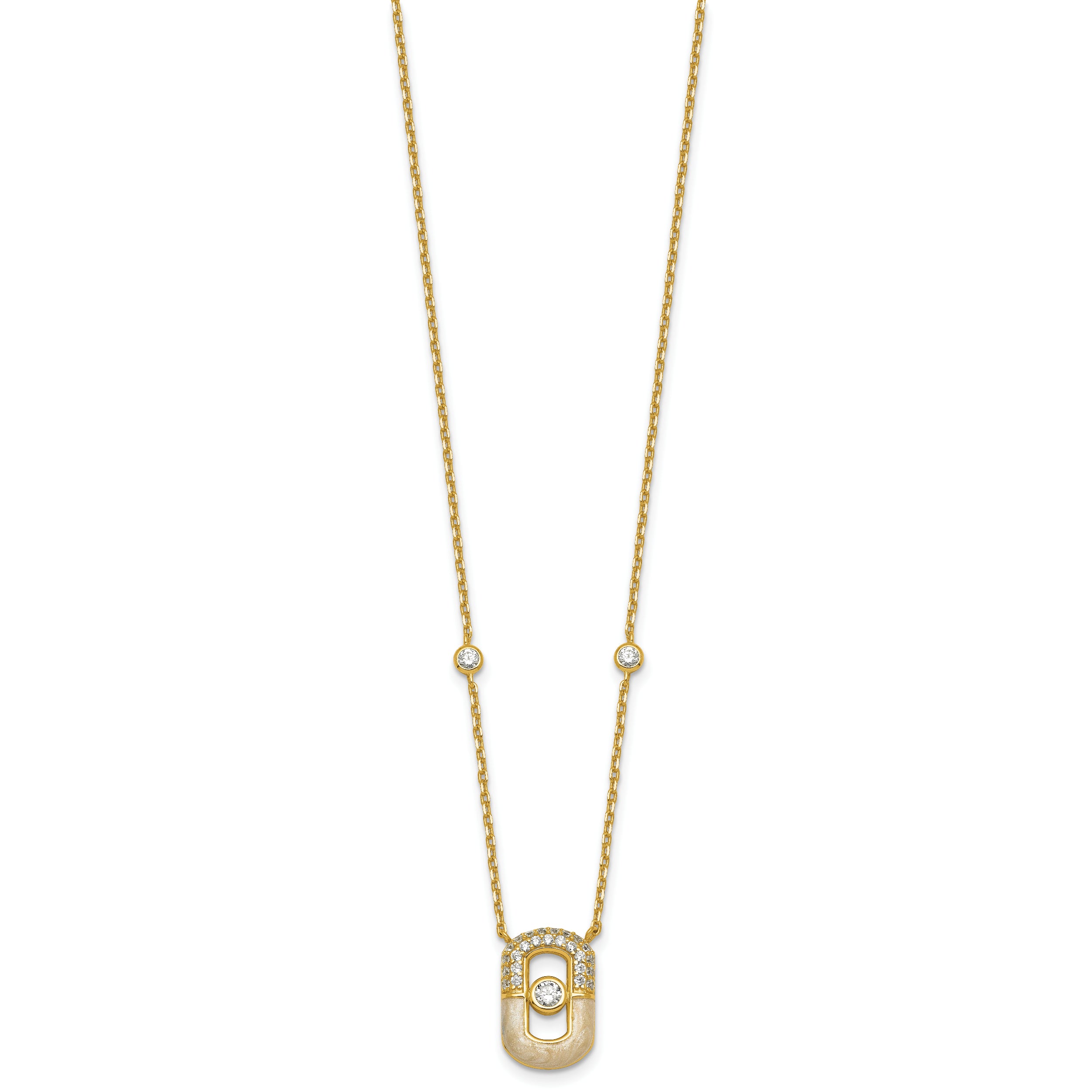 Sterling Silver Gold-tone CZ and Champagne Enamel Rectangle 16 inch with 1.5 inch Extension Necklace