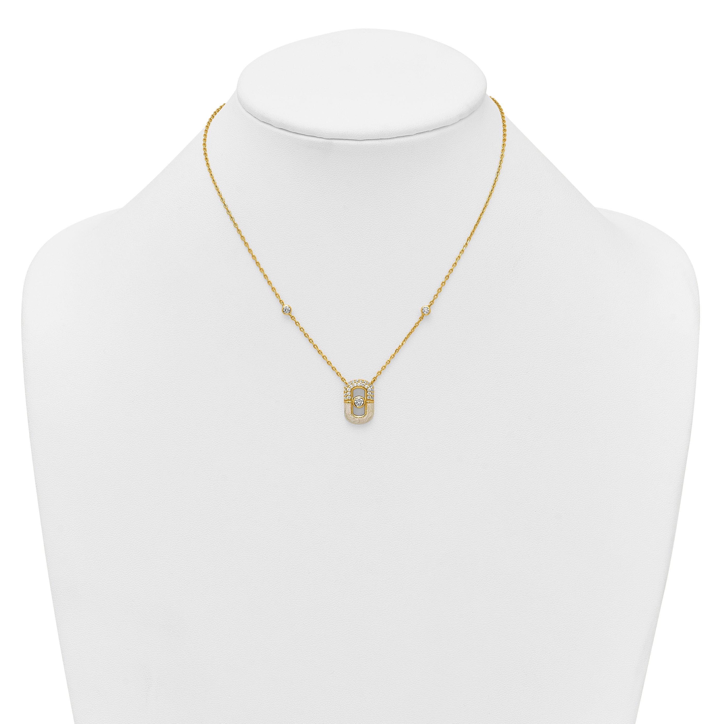 Sterling Silver Gold-tone CZ and Champagne Enamel Rectangle 16 inch with 1.5 inch Extension Necklace