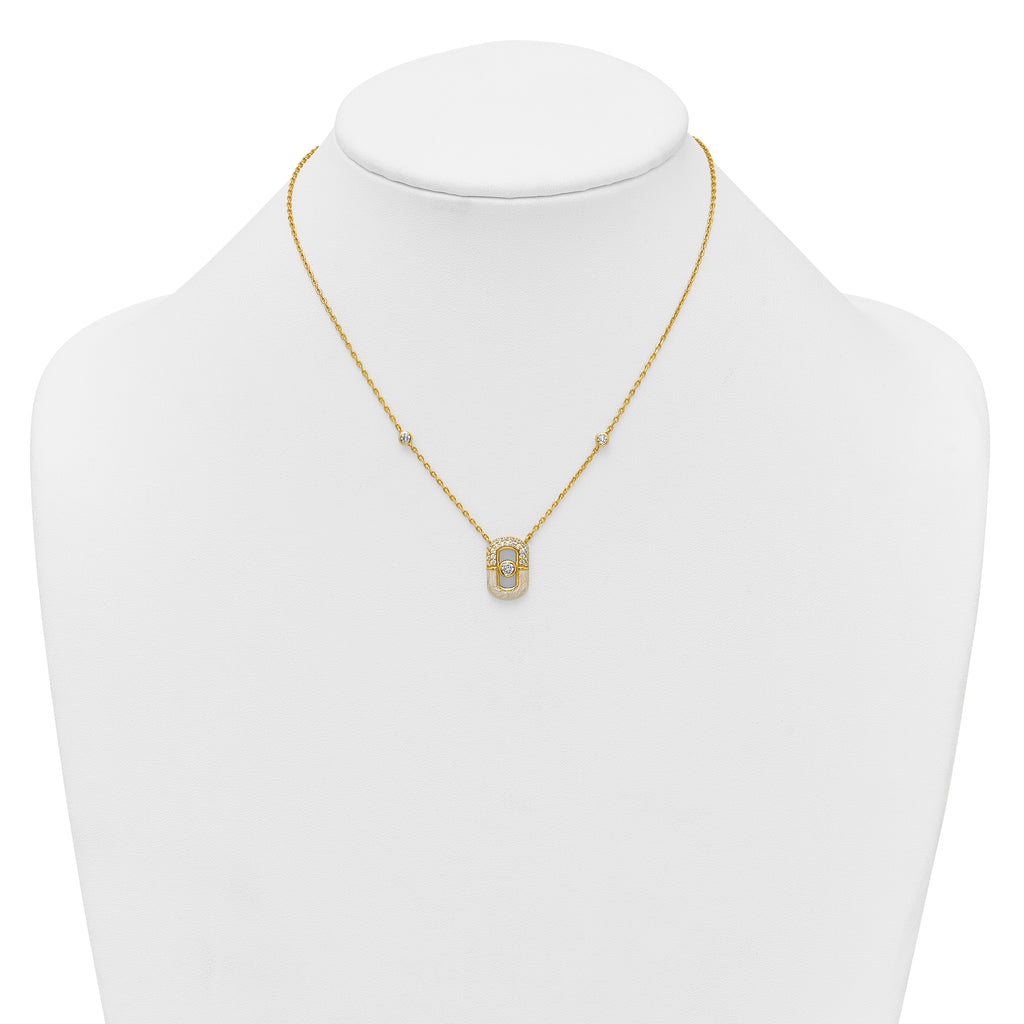 Sterling Silver Gold-tone CZ and Champagne Enamel Rectangle 16 inch with 1.5 inch Extension Necklace