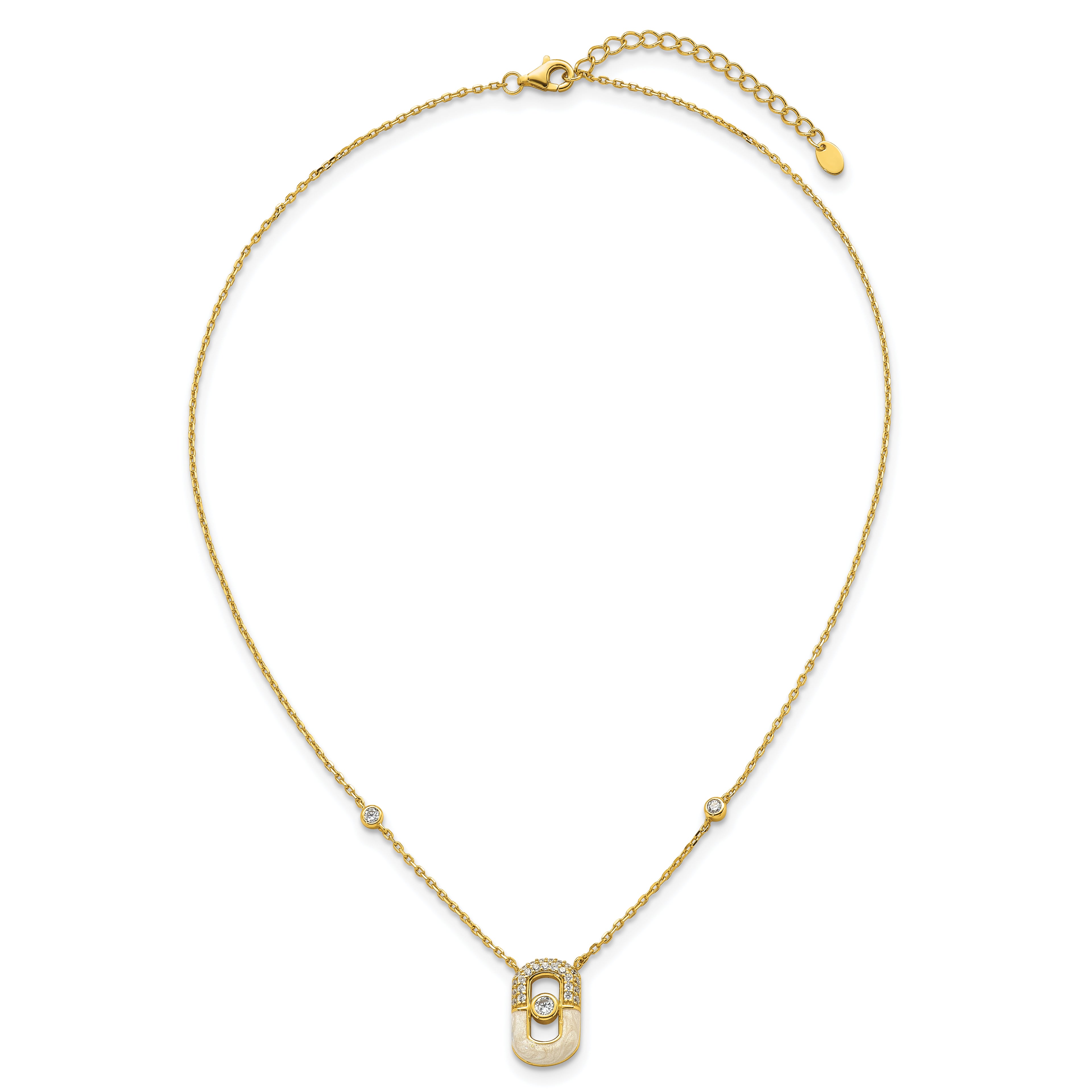 Sterling Silver Gold-tone CZ and Champagne Enamel Rectangle 16 inch with 1.5 inch Extension Necklace