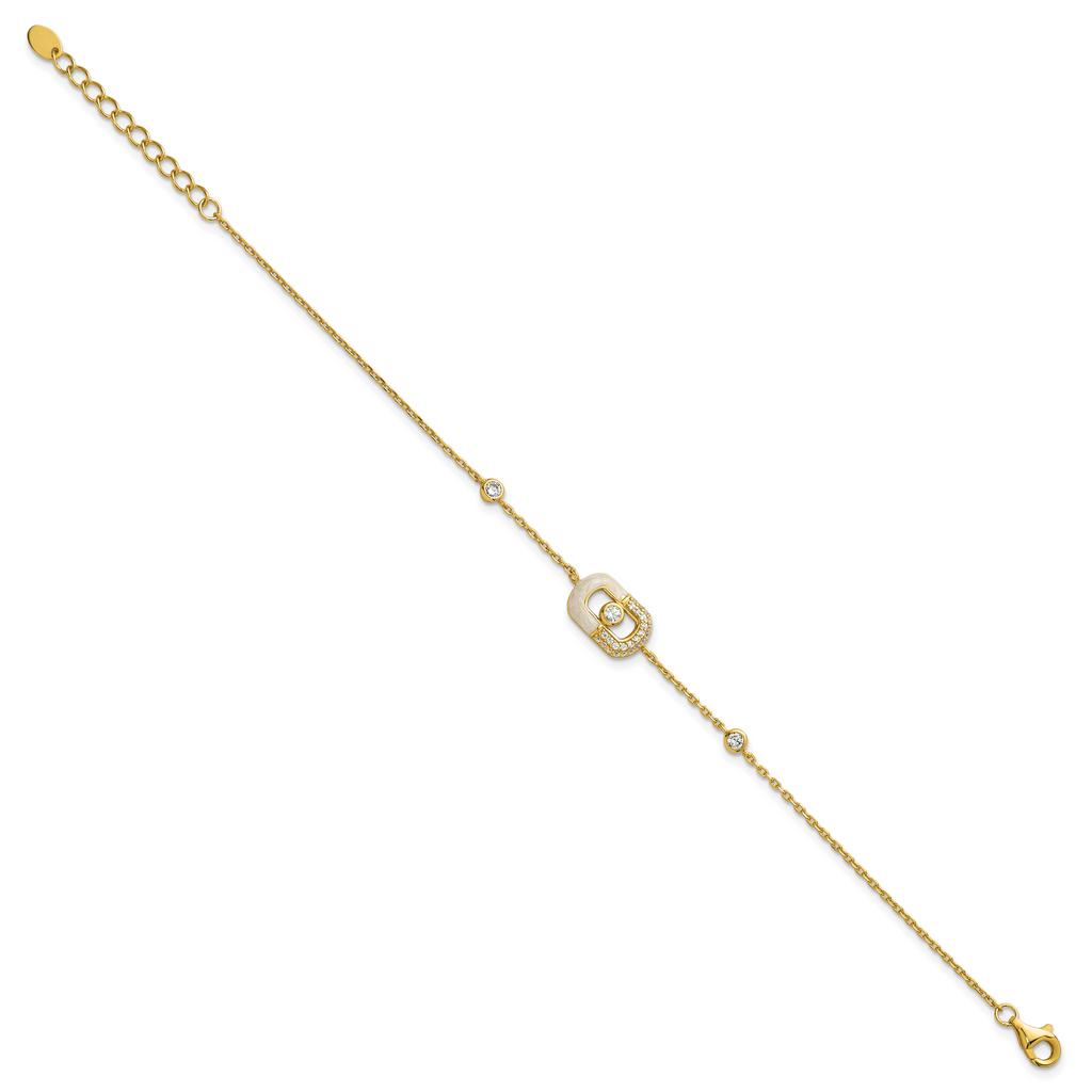 Sterling Silver Gold-tone CZ and Champagne Enamel Rectangle 7 inch with  0.5 inch Extension Bracelet