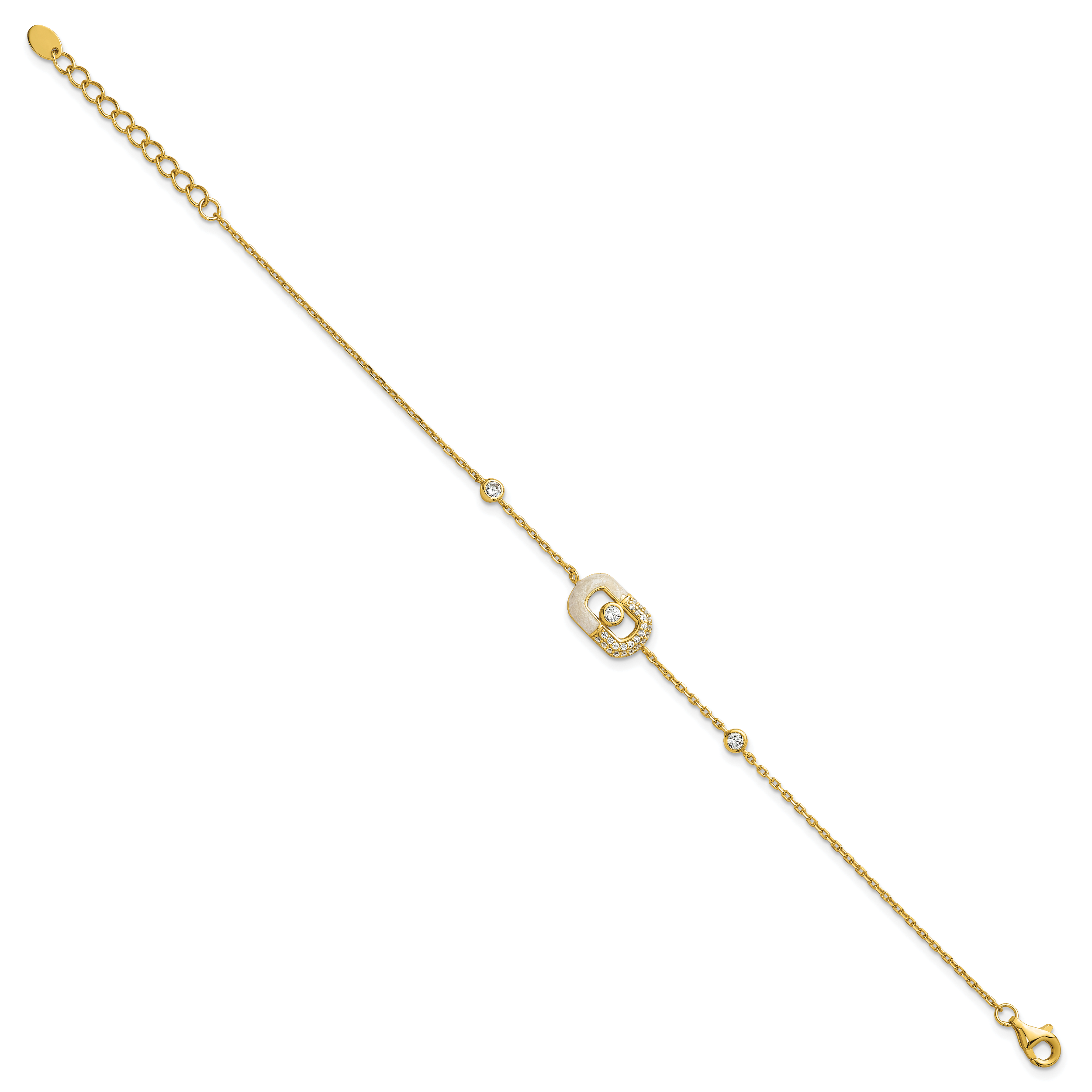 Sterling Silver Gold-tone CZ and Champagne Enamel Rectangle 7 inch with  0.5 inch Extension Bracelet