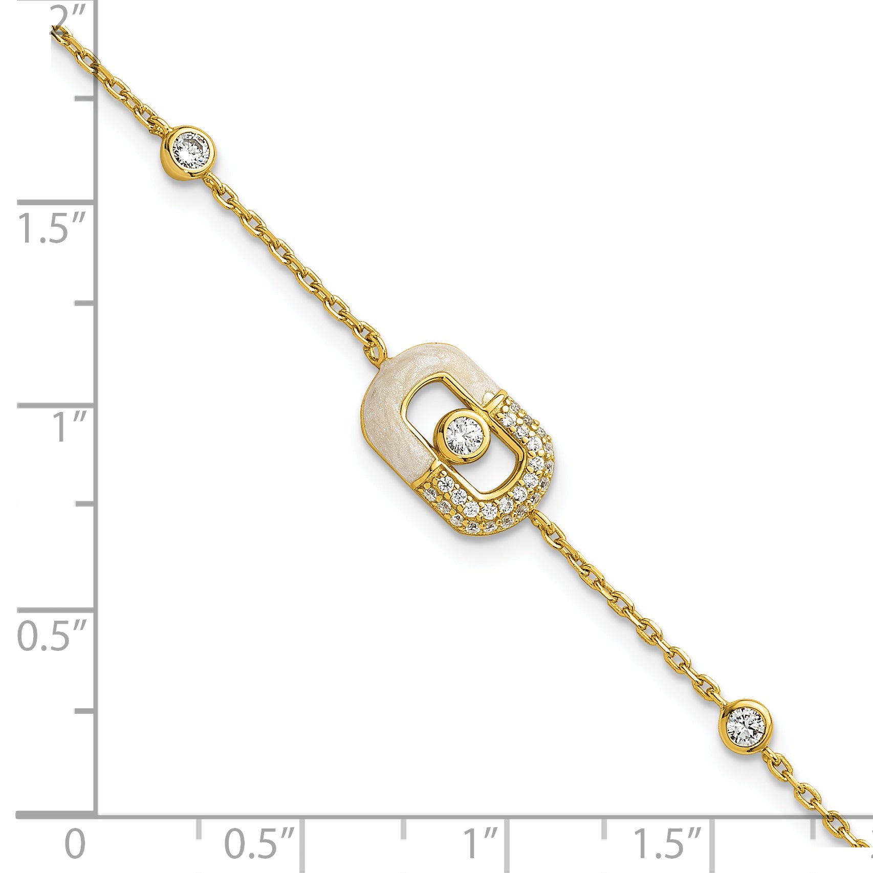 Sterling Silver Gold-tone CZ and Champagne Enamel Rectangle 7 inch with  0.5 inch Extension Bracelet