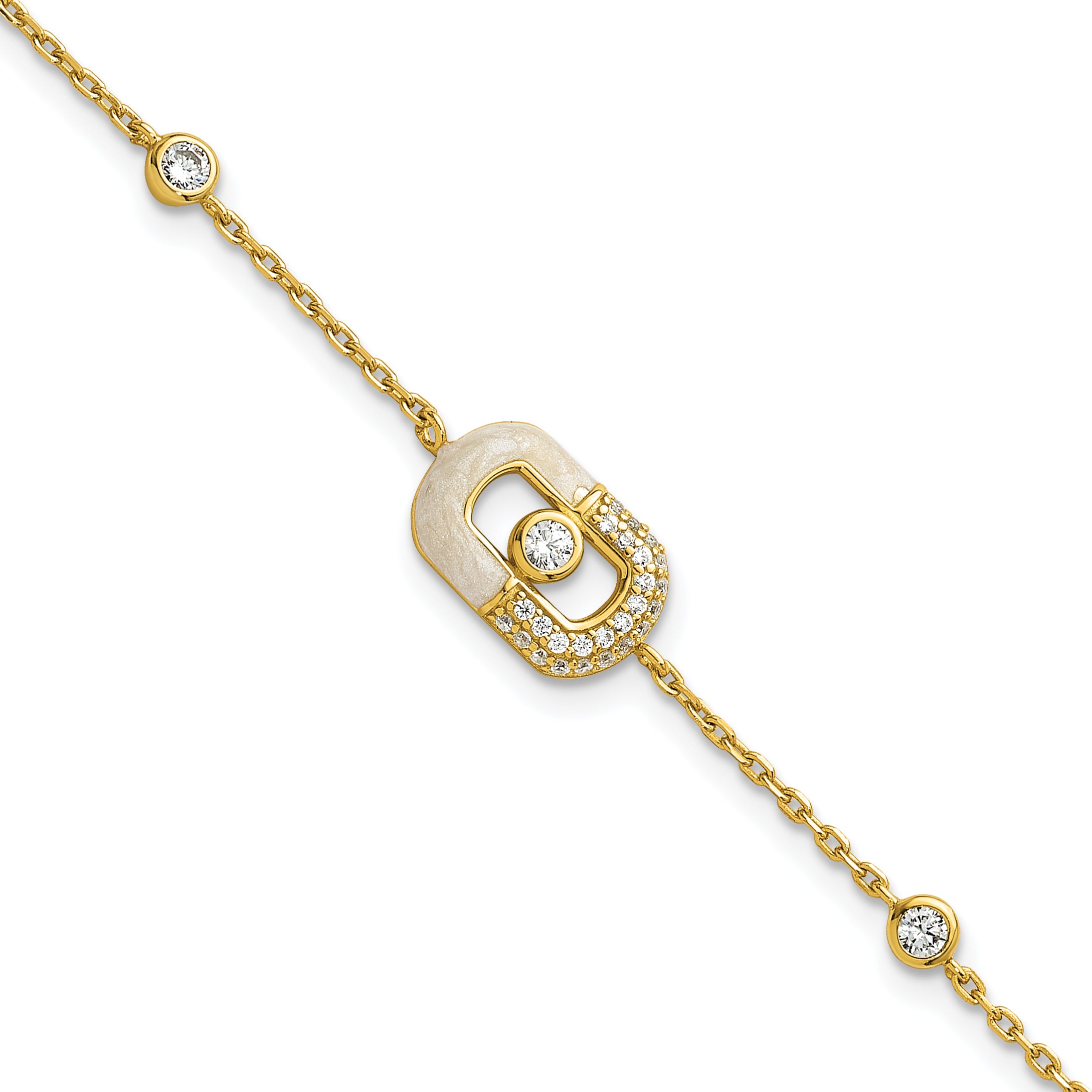 Sterling Silver Gold-tone CZ and Champagne Enamel Rectangle 7 inch with  0.5 inch Extension Bracelet