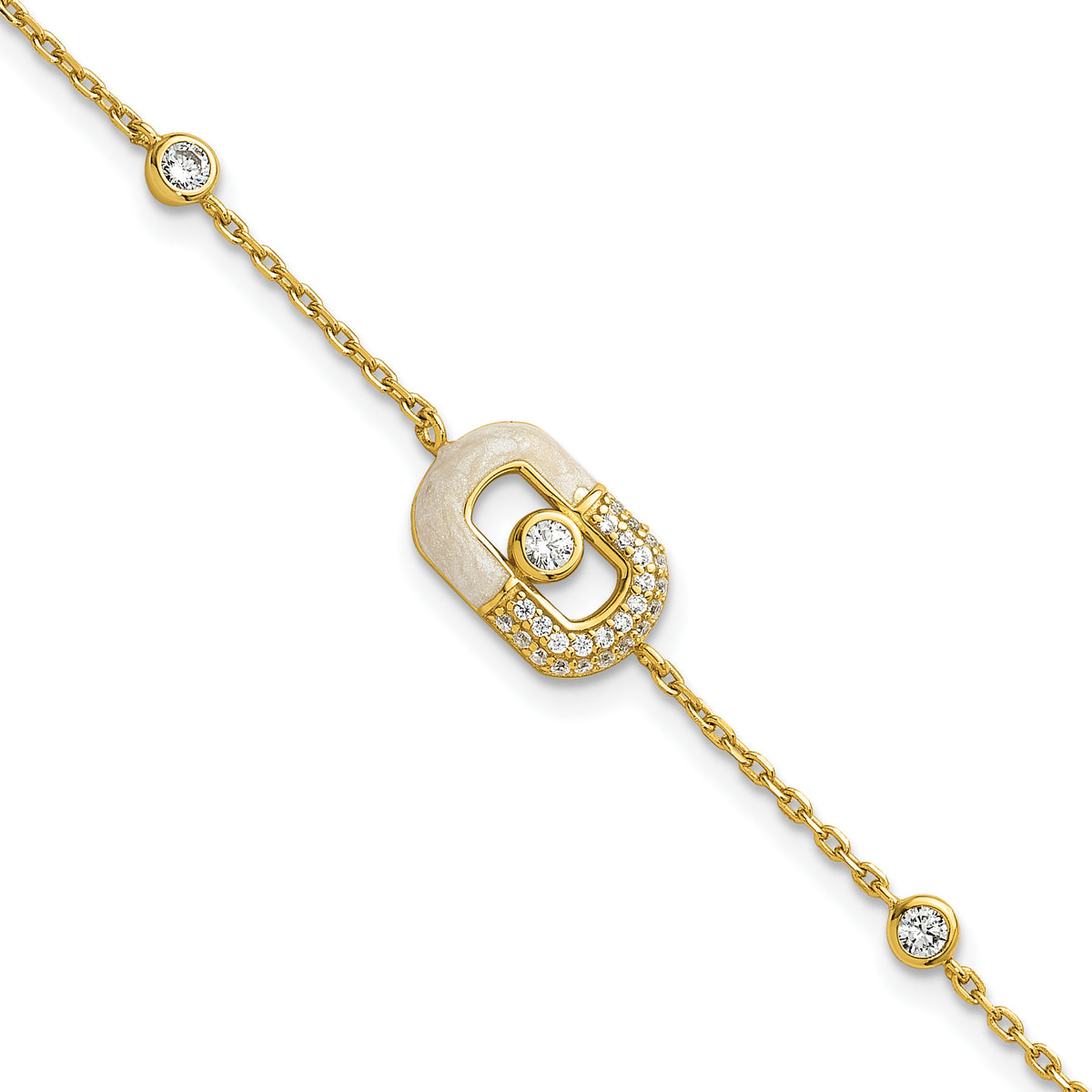 Sterling Silver Gold-tone CZ and Champagne Enamel Rectangle 7 inch with  0.5 inch Extension Bracelet