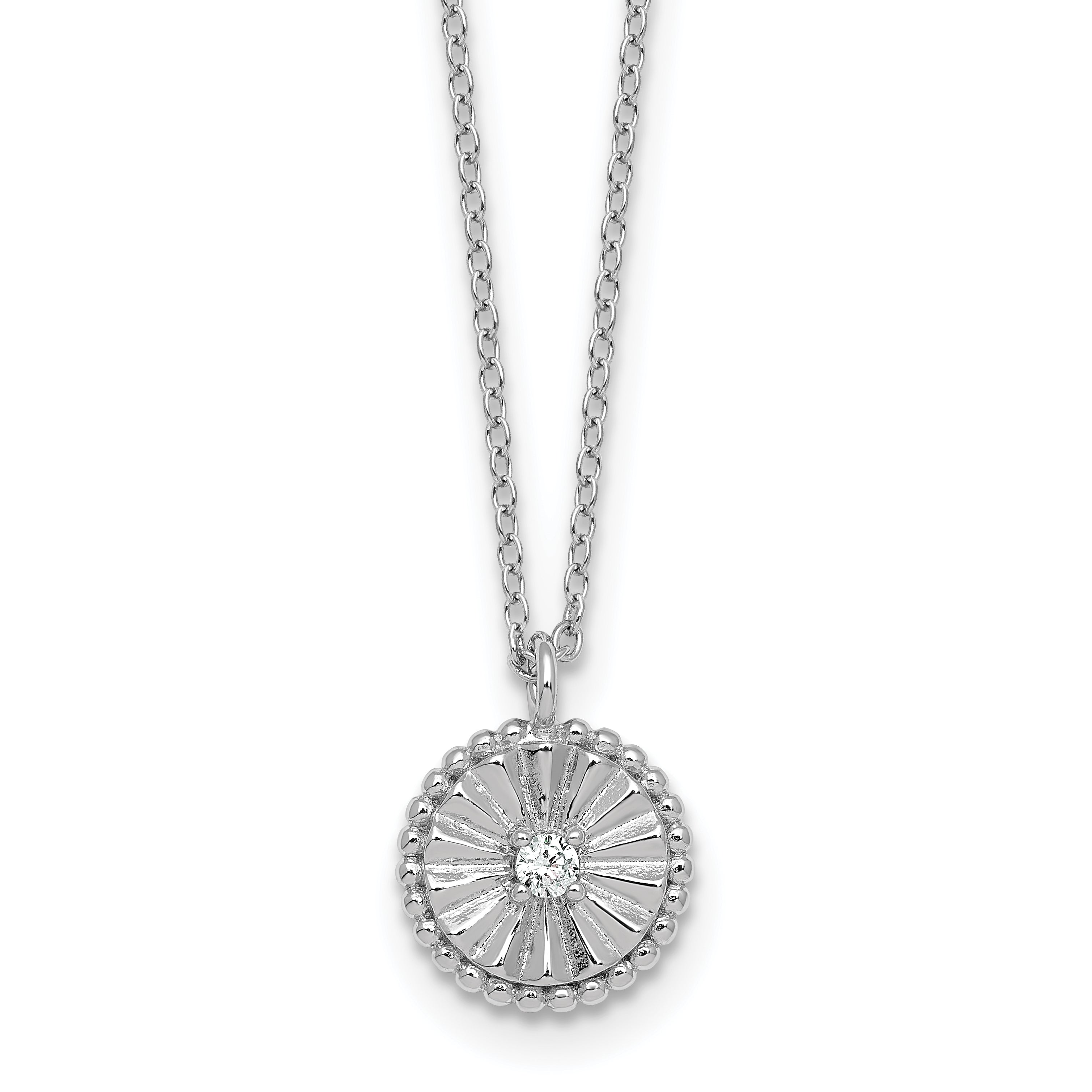 Sterling Silver Rhodium-plated Polished Beaded and Textured CZ Circle 16 Inch with 2 Inch Extension Necklace