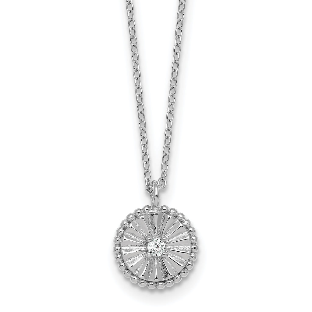Sterling Silver Rhodium-plated Polished Beaded and Textured CZ Circle 16 Inch with 2 Inch Extension Necklace