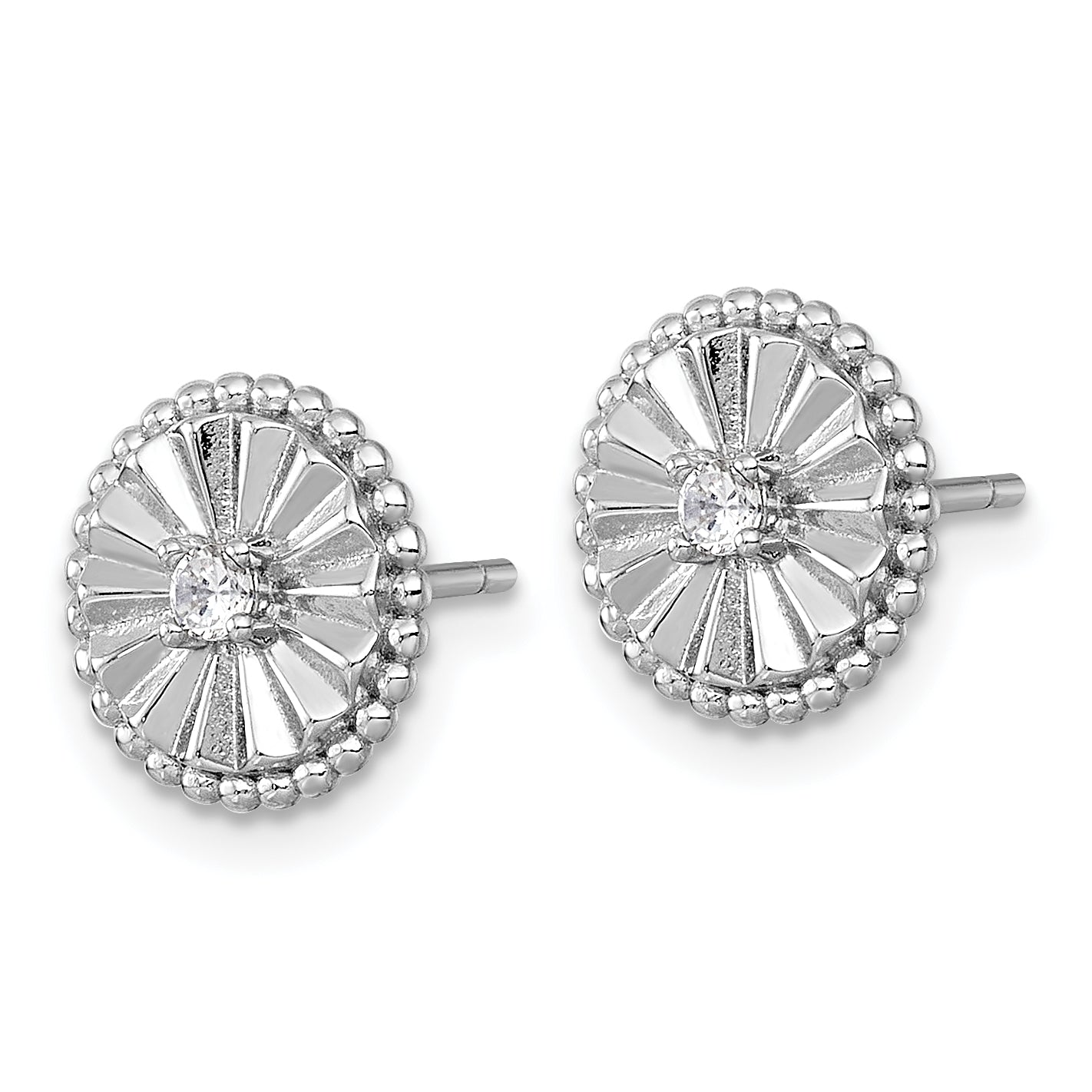 Sterling Silver Rhodium-plated Polished Beaded and Textured CZ Circle Post Earrings Secondary image