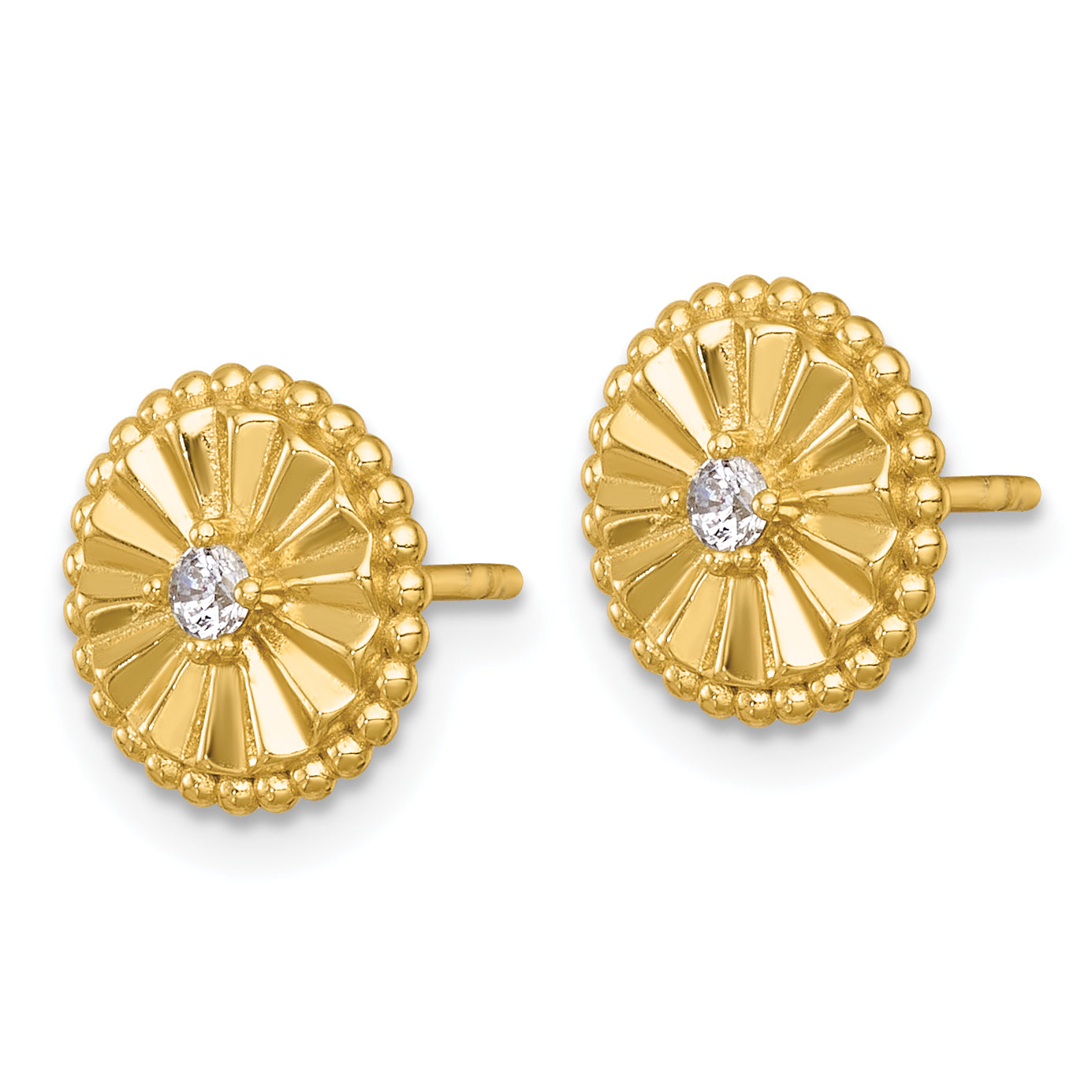 Sterling Silver Gold-tone Polished Beaded and Textured CZ Circle Post Earrings