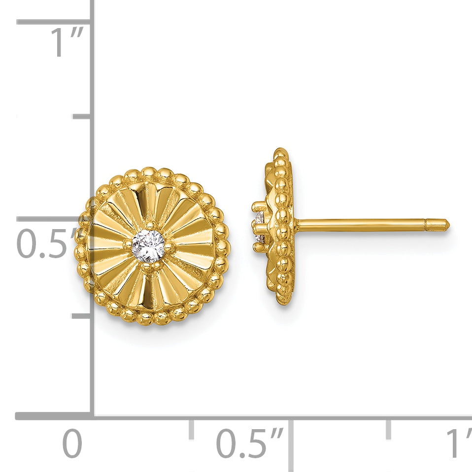 Sterling Silver Gold-tone Polished Beaded and Textured CZ Circle Post Earrings