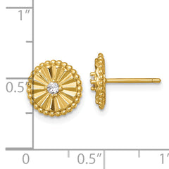 Sterling Silver Gold-tone Polished Beaded and Textured CZ Circle Post Earrings