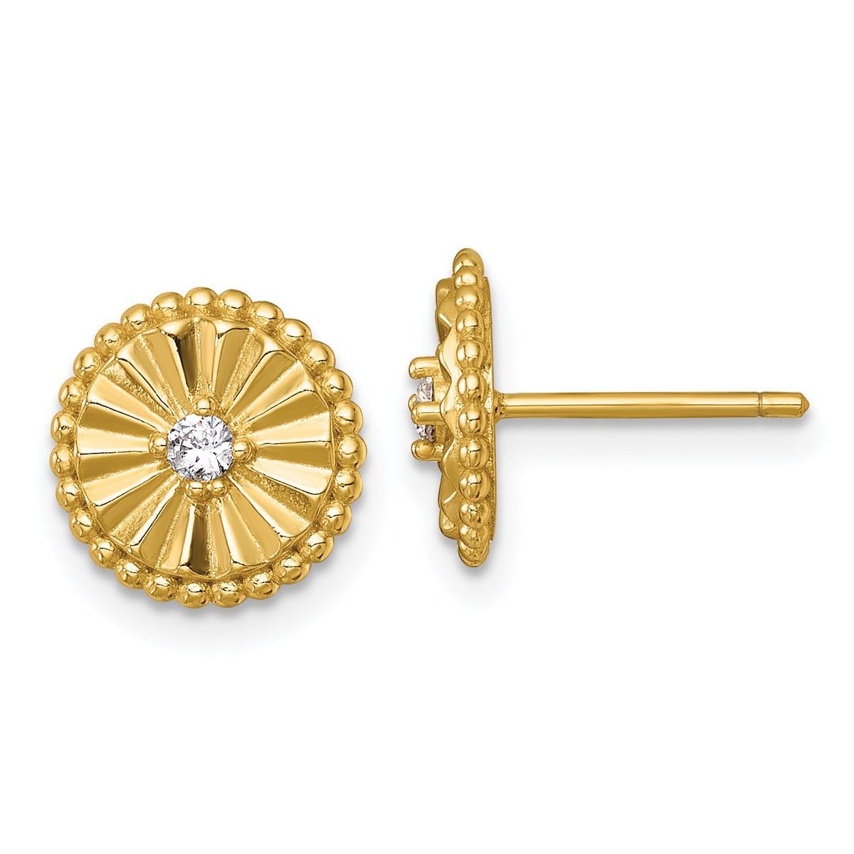 Sterling Silver Gold-tone Polished Beaded and Textured CZ Circle Post Earrings