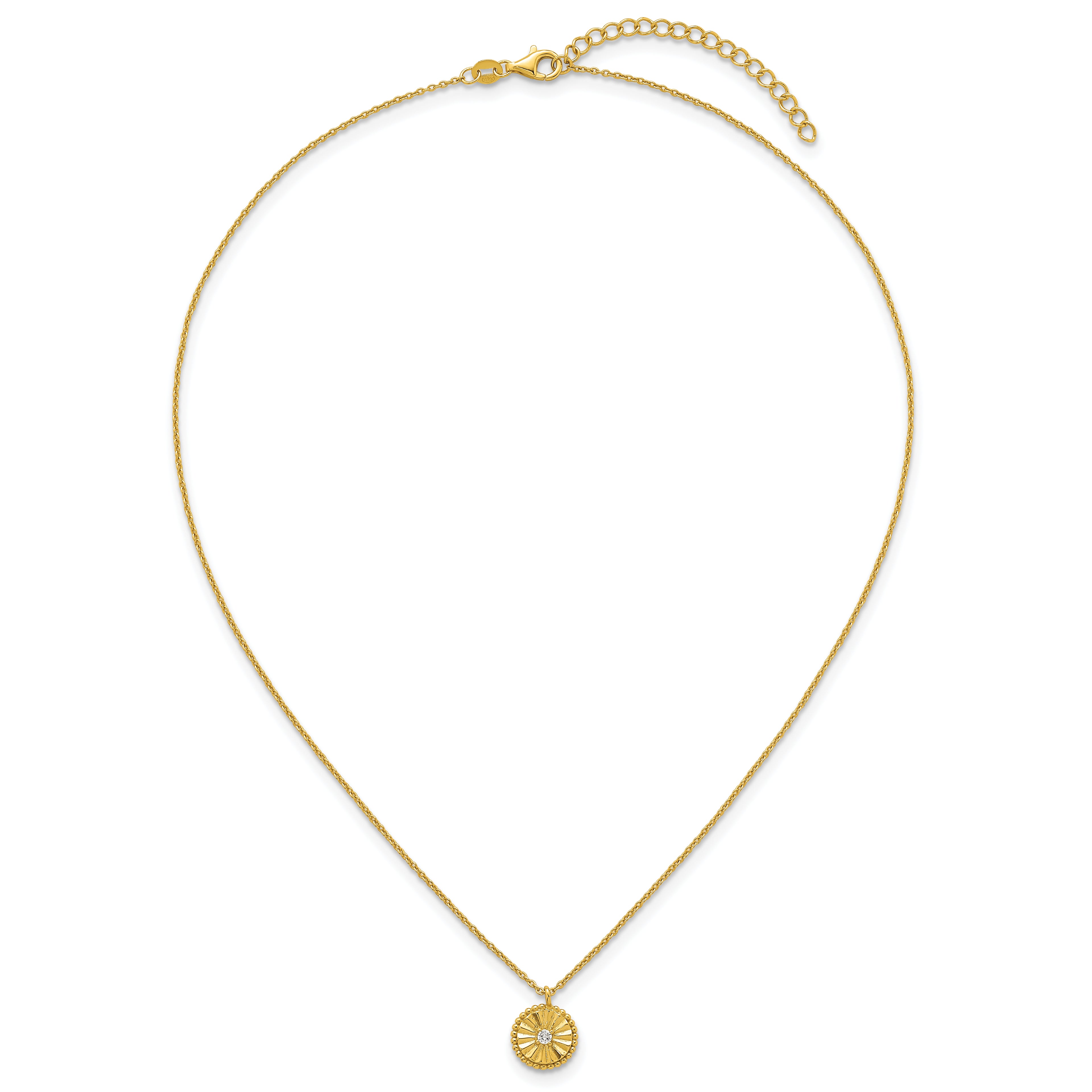 Sterling Silver Gold-tone Polished Beaded and Textured CZ Circle 16 Inch with 2 Inch Extension Necklace