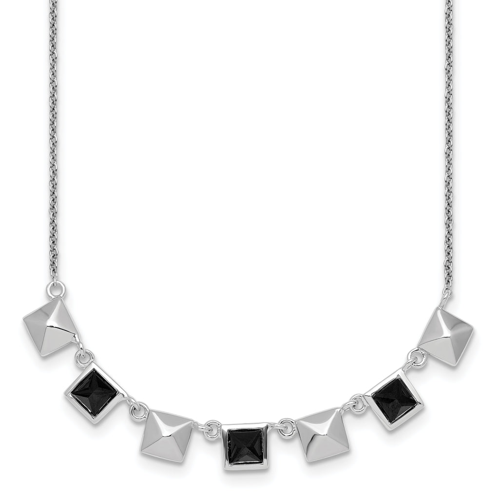 Sterling Silver Rhodium-plated Polished Black CZ and Pyramid Squares 17.75 inch Necklace
