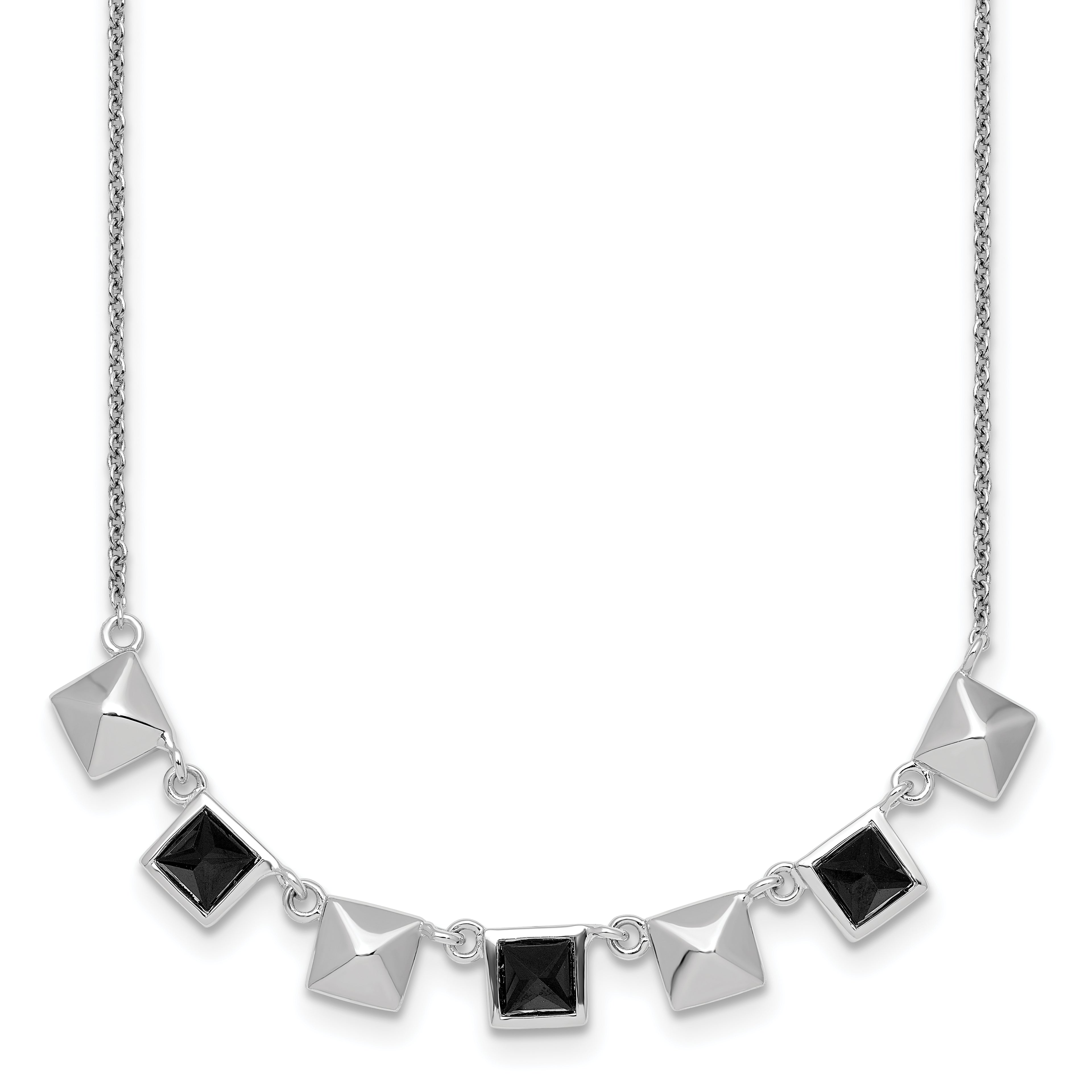 Sterling Silver Rhodium-plated Polished Black CZ and Pyramid Squares 17.75 inch Necklace