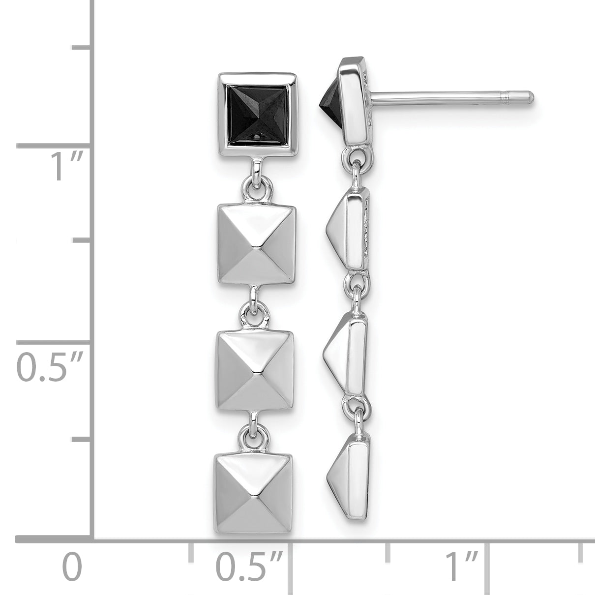 Sterling Silver Rhodium-plated Polished Black CZ and Pyramid Squares Dangle Post Earrings