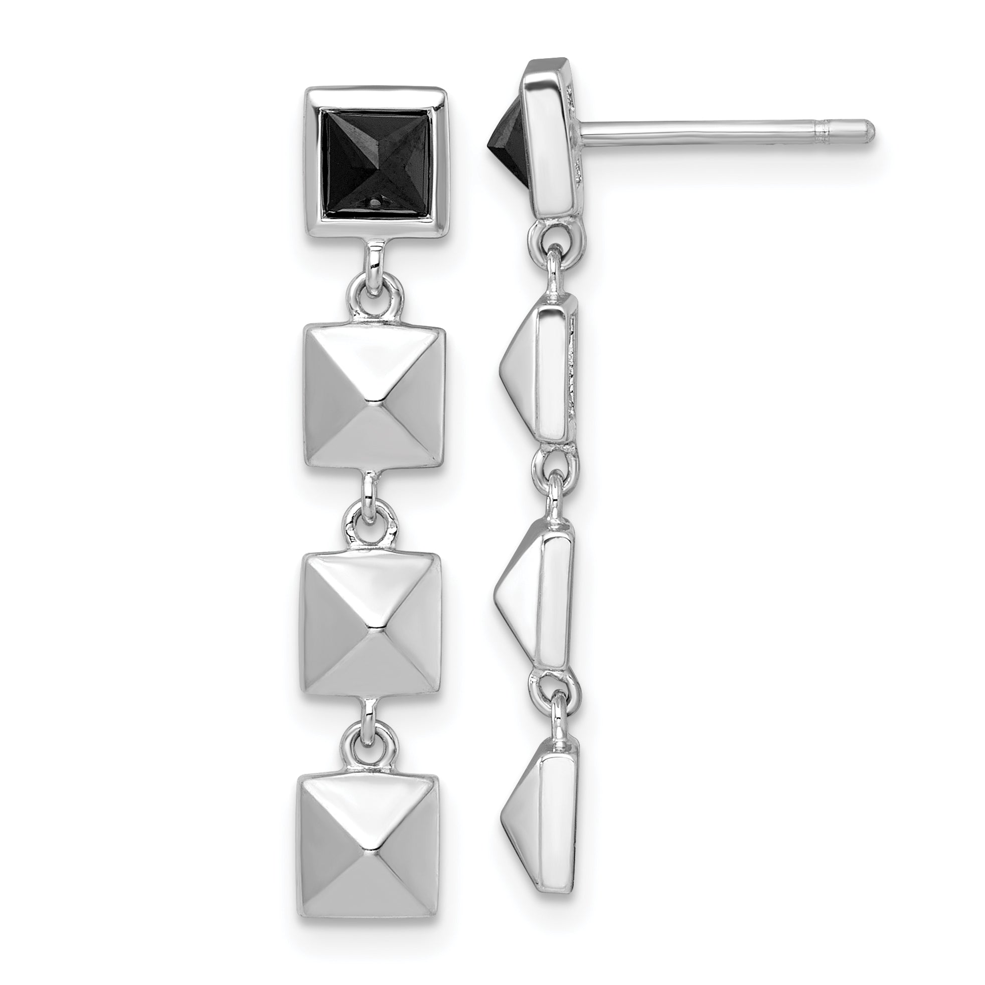 Sterling Silver Rhodium-plated Polished Black CZ and Pyramid Squares Dangle Post Earrings