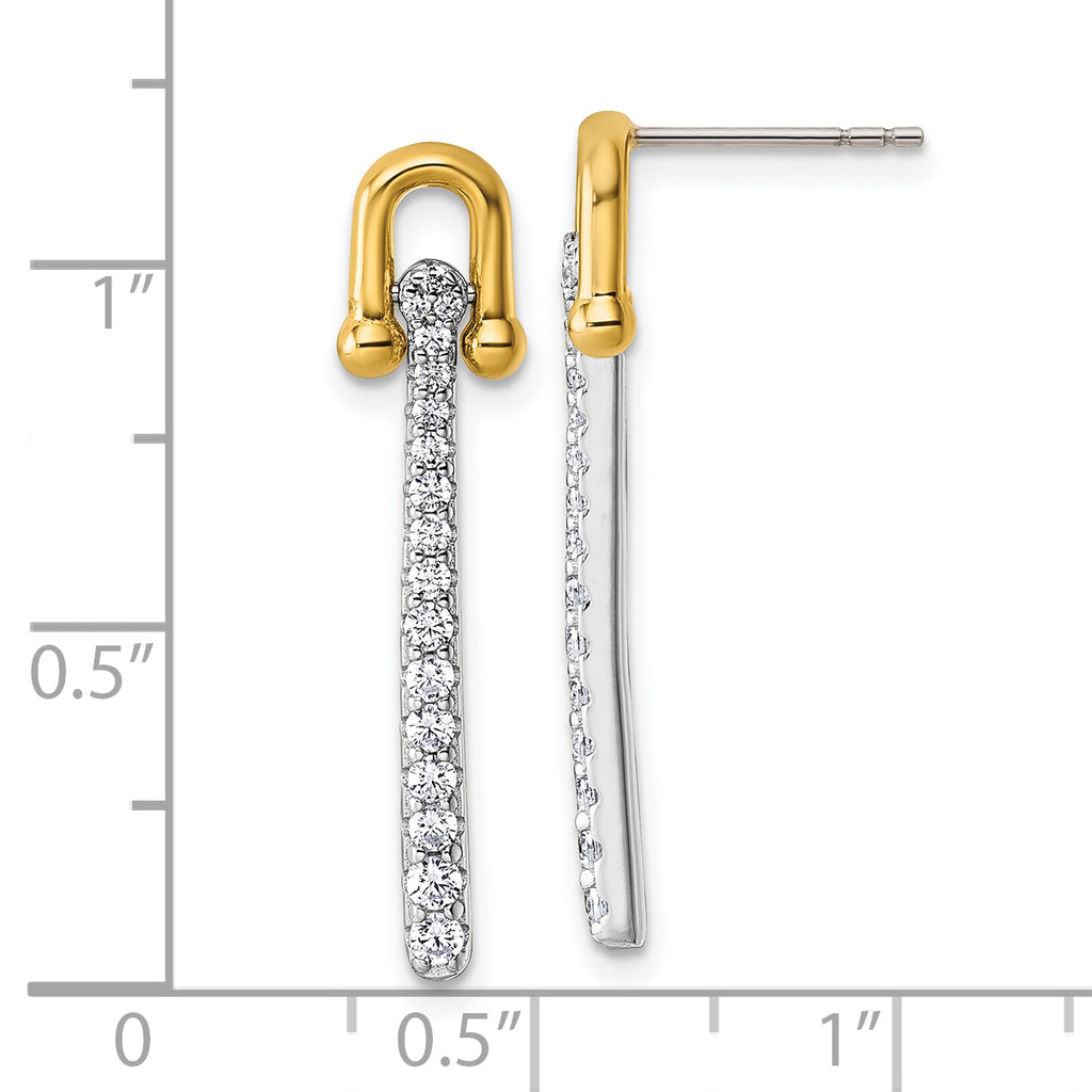 Sterling Silver Gold-tone CZ Polished And Textured Dangle Post Earrings