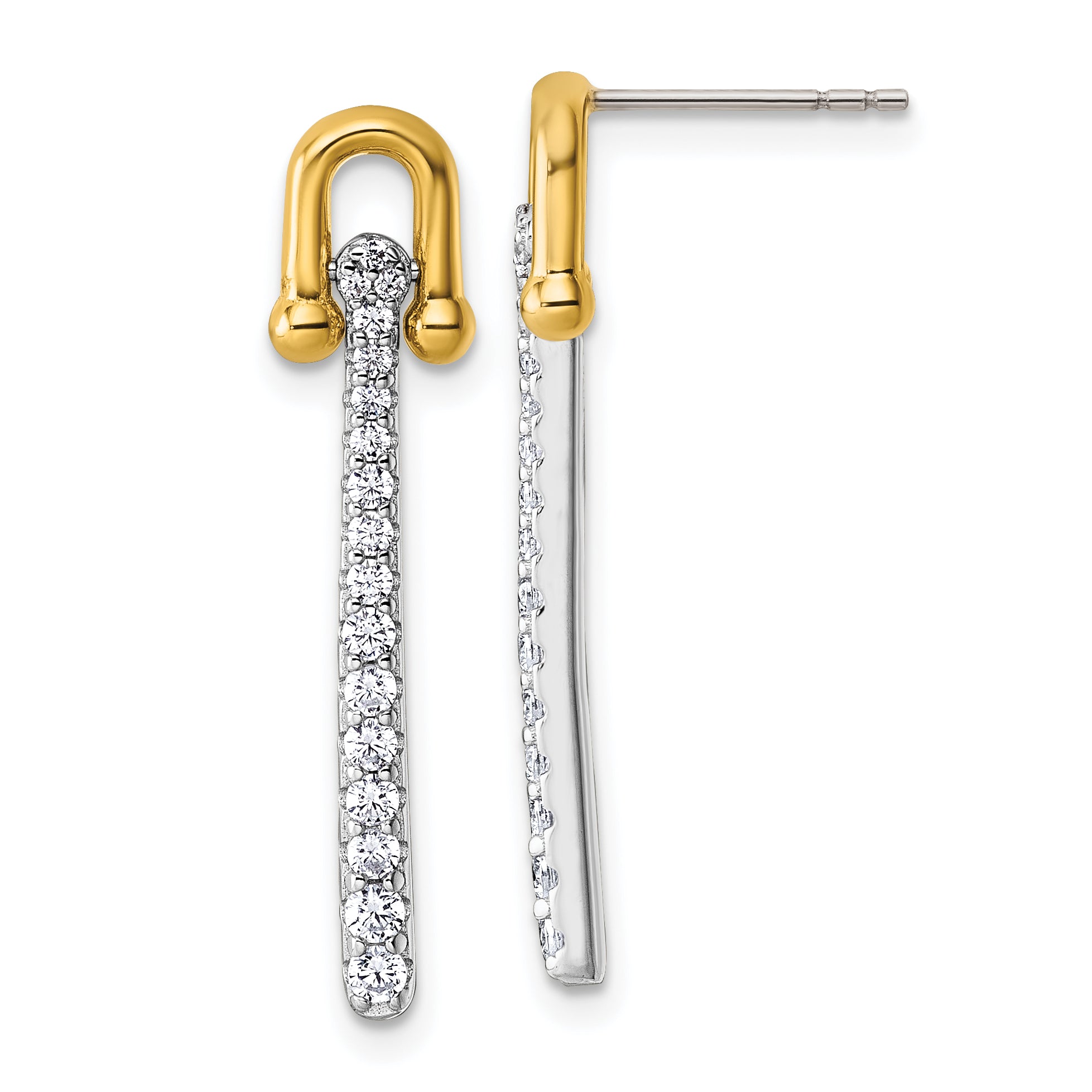 Sterling Silver Gold-tone CZ Polished And Textured Dangle Post Earrings Main image