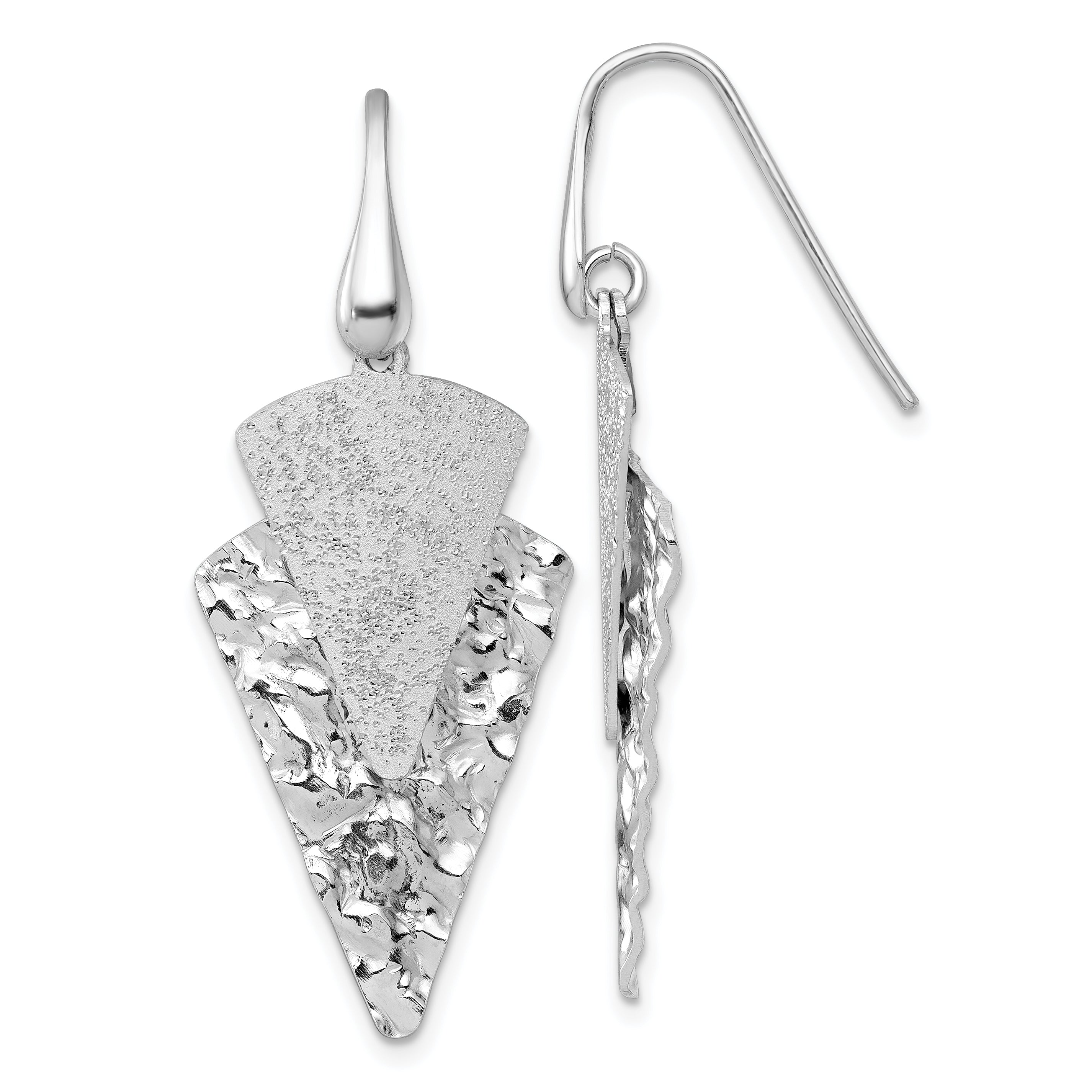 Sterling Silver Rhodium-plated Polished Brushed and Hammered Triangle Shepherd Hook Dangle Earrings Main image