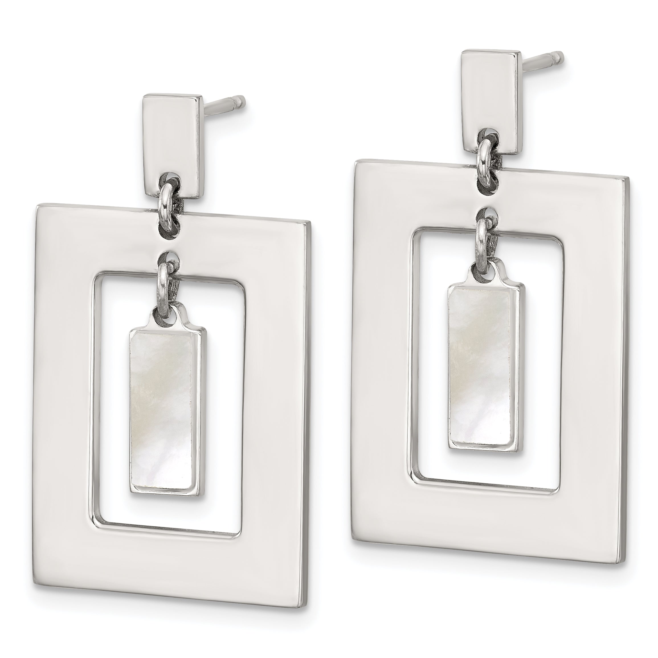 Sterling Silver Open Rectangle with Mother of Pearl Dangle Post Earrings Secondary image