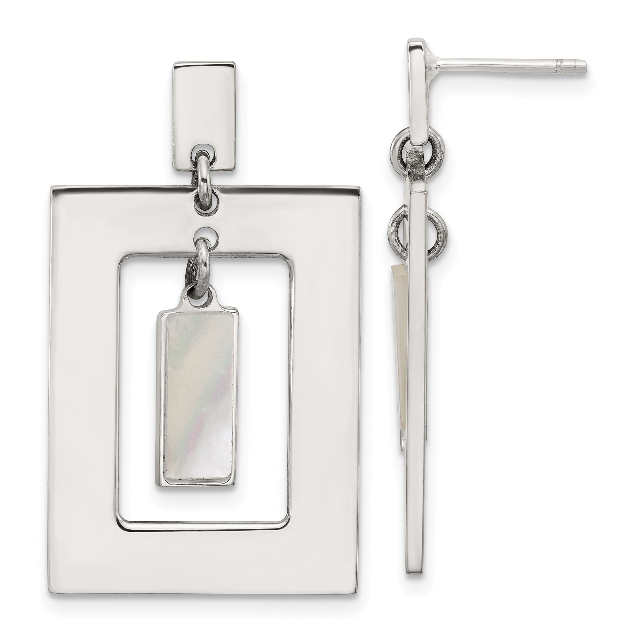 Sterling Silver Open Rectangle with Mother of Pearl Dangle Post Earrings Main image