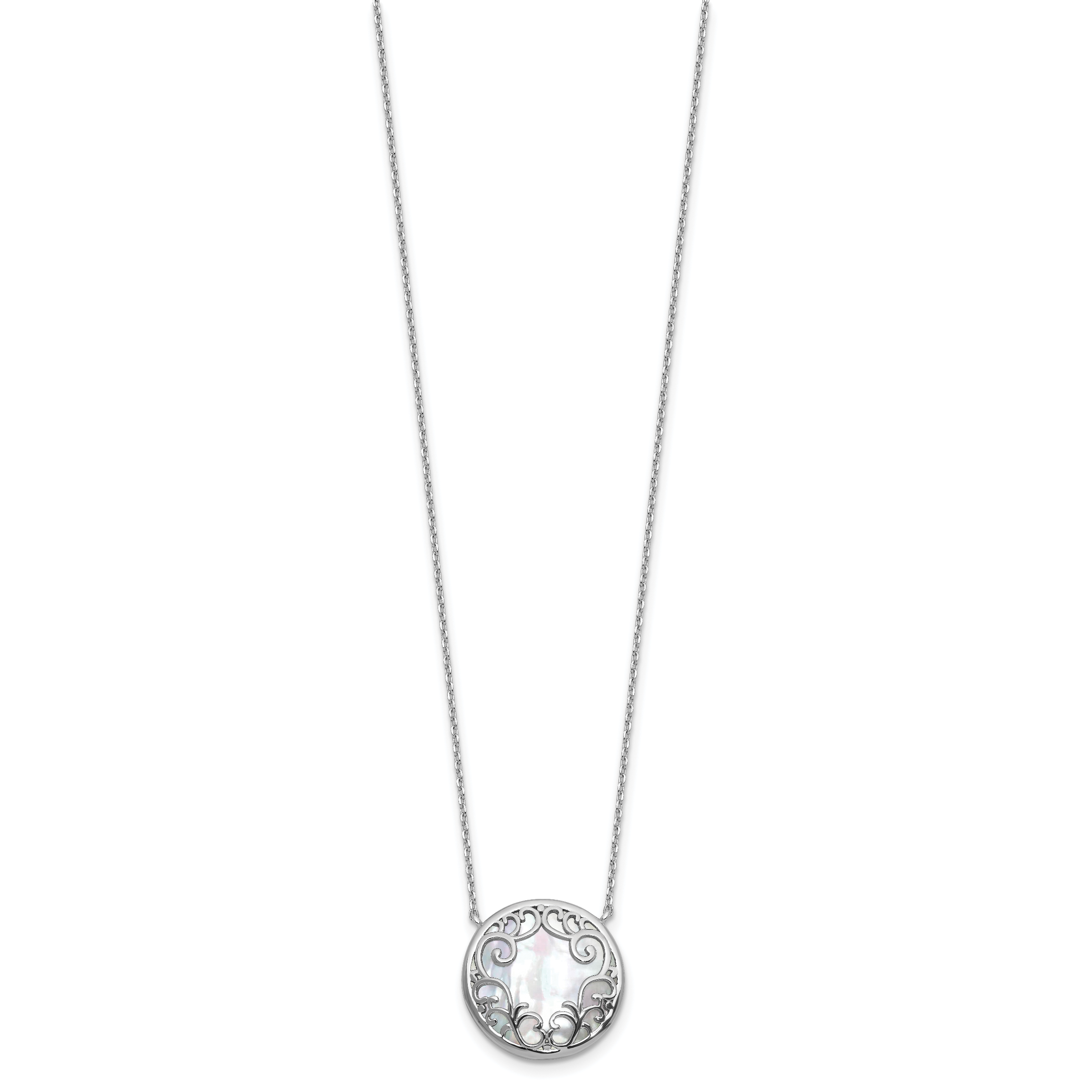 Sterling Silver Rhodium-plated Polished Filigree Mother of Pearl Filigree Circle 16 Inch with 2 Inch Extension Necklace