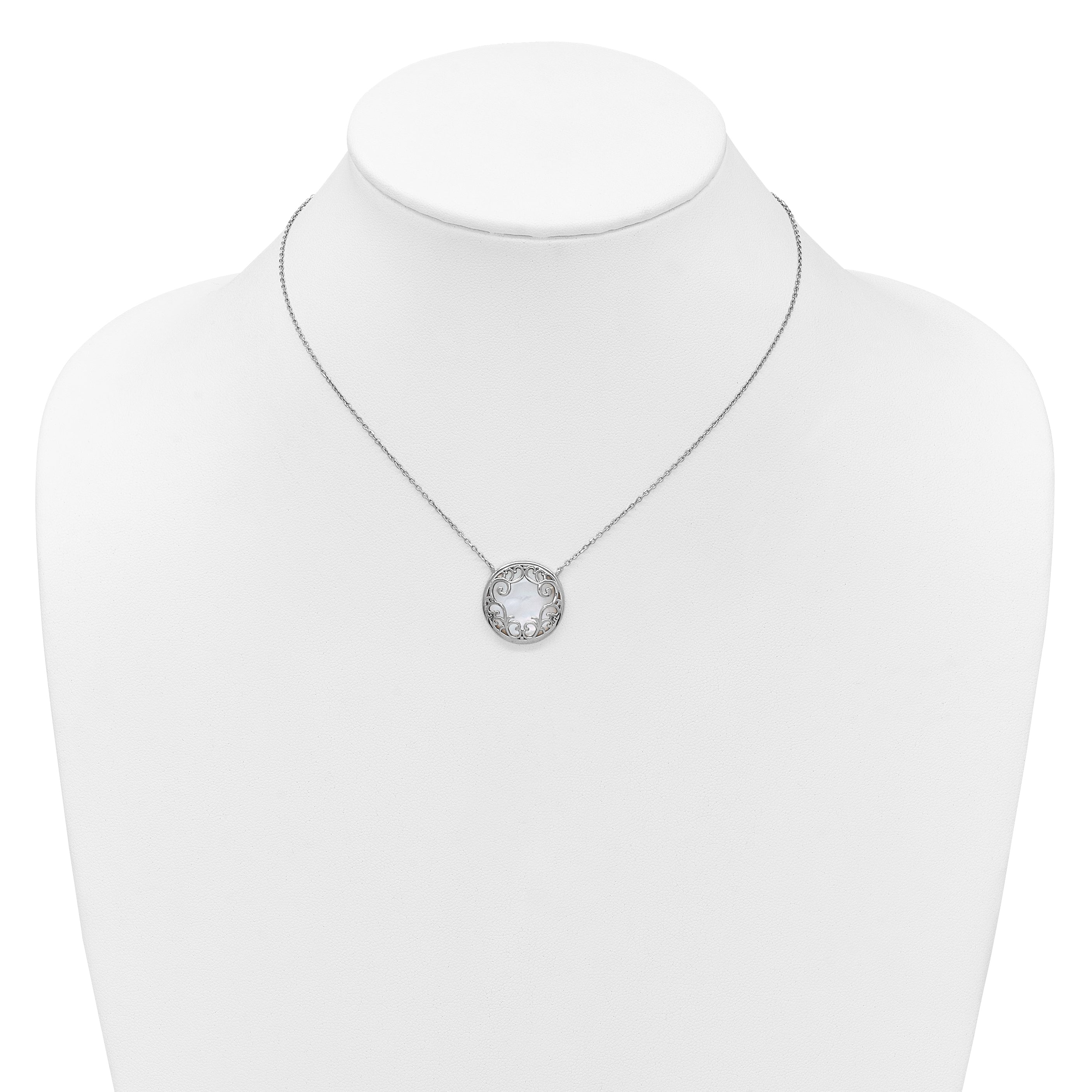 Sterling Silver Rhodium-plated Polished Filigree Mother of Pearl Filigree Circle 16 Inch with 2 Inch Extension Necklace