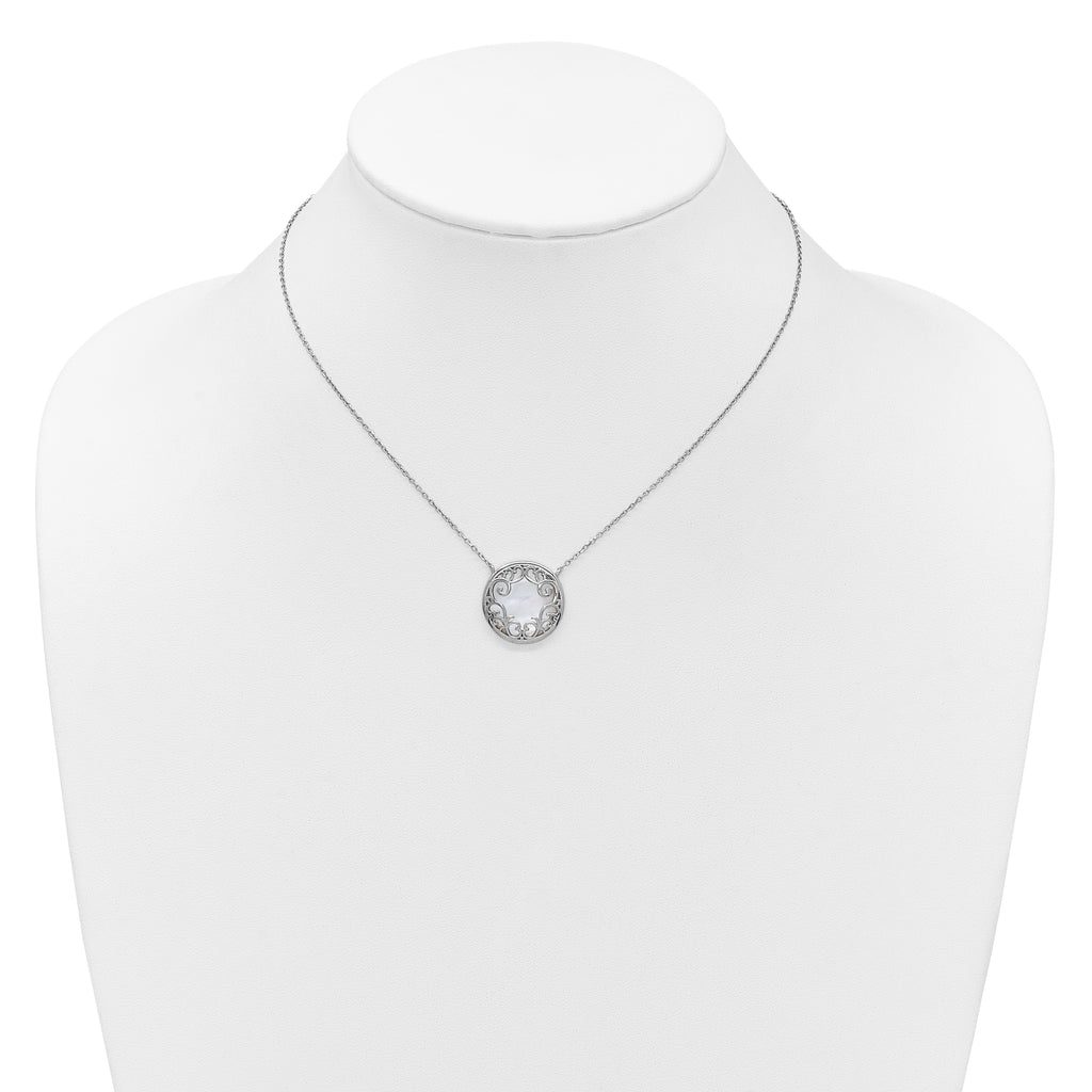Sterling Silver Rhodium-plated Polished Filigree Mother of Pearl Filigree Circle 16 Inch with 2 Inch Extension Necklace