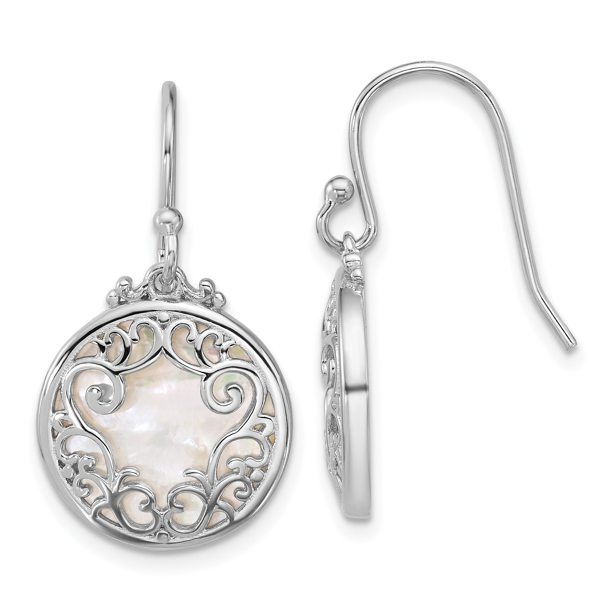 Sterling Silver Rhodium-plated Polished Filigree Mother of Pearl Filigree Circle Dangle Earrings Main image