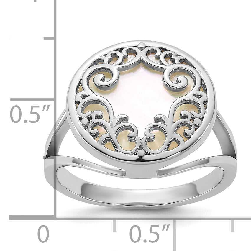 Sterling Silver Rhodium-plated Polished Filigree Mother of Pearl Filigree Circle Size 8 Ring