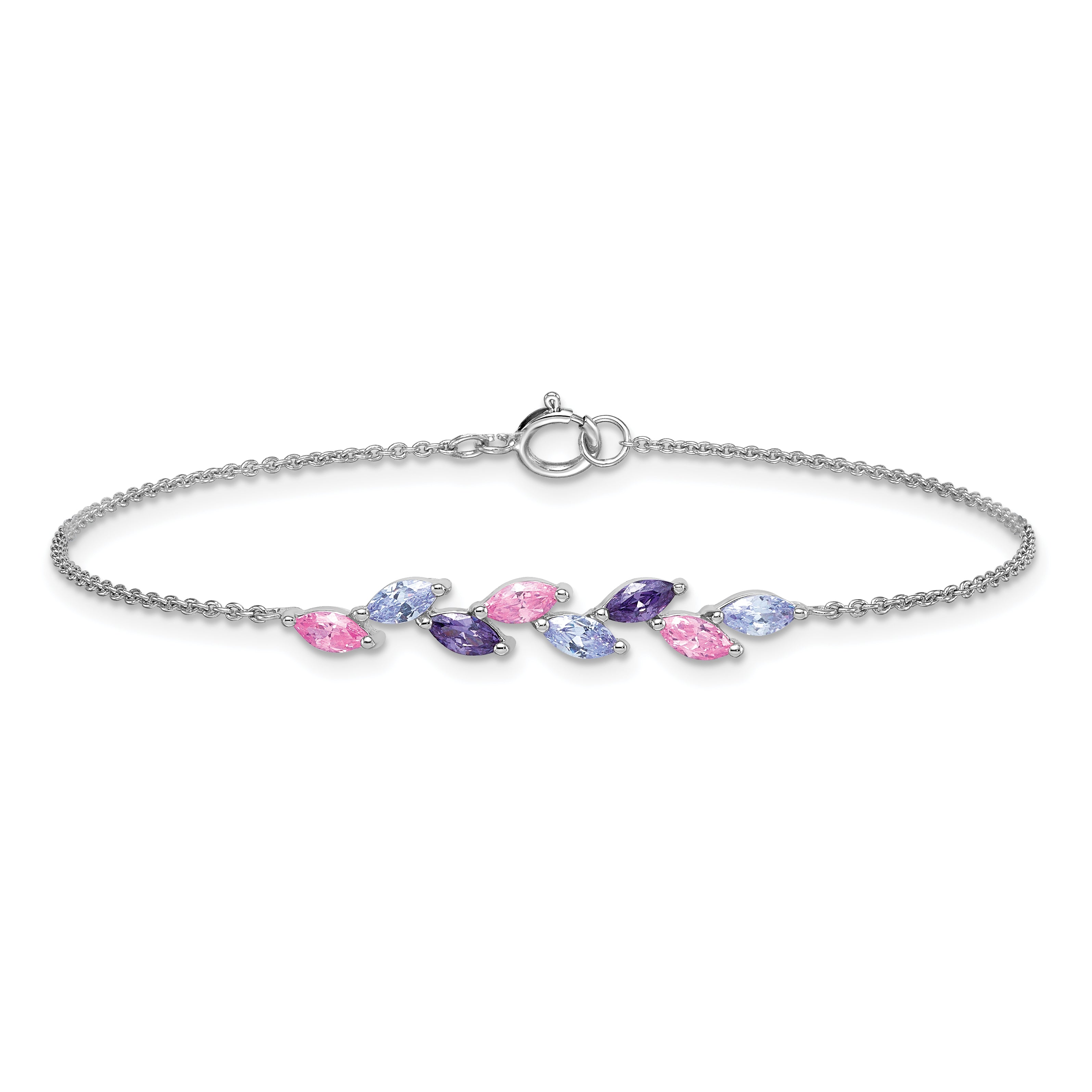 Sterling Silver Rhodium-plated Polished Fancy Pink and Purple Marquise CZ 7 Inch Bracelet