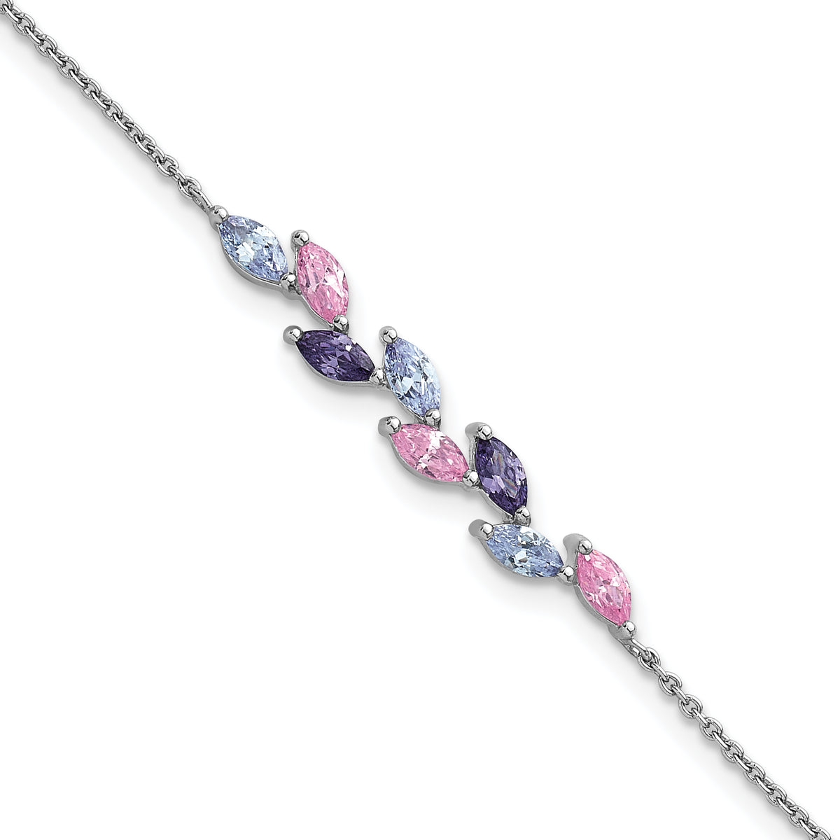 Sterling Silver Rhodium-plated Polished Fancy Pink and Purple Marquise CZ 7 Inch Bracelet