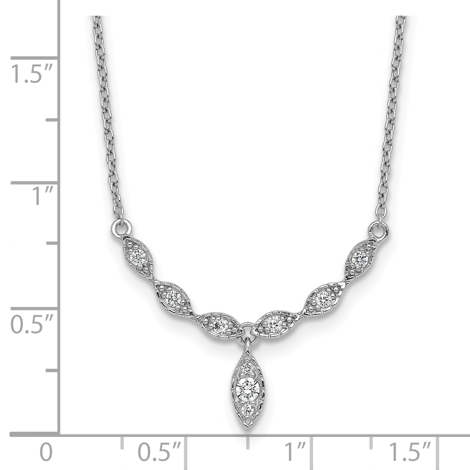 Sterling Silver Rhodium-plated Polished Fancy CZ Drop 16.5 inch with 1 inch Extension Necklace
