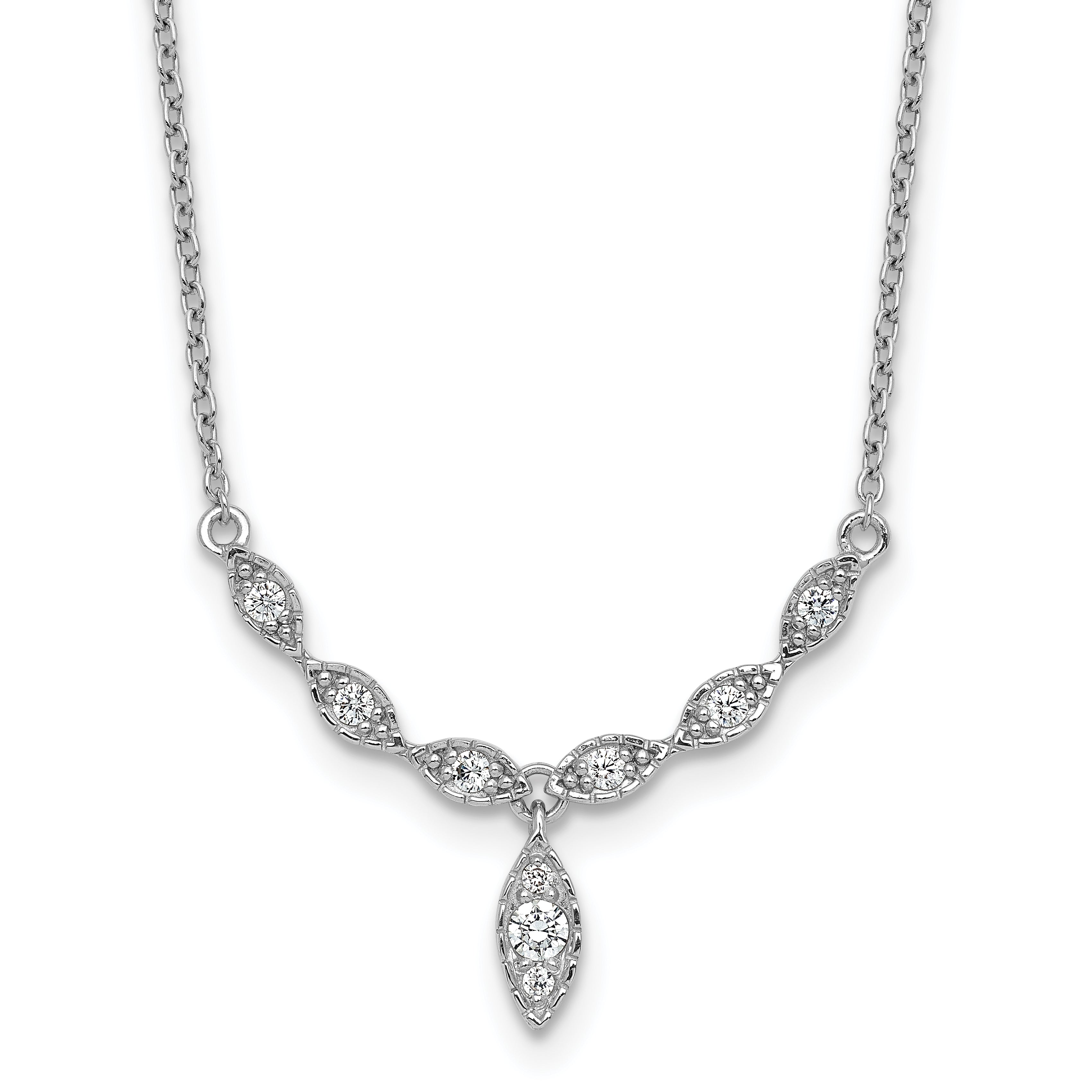 Sterling Silver Rhodium-plated Polished Fancy CZ Drop 16.5 inch with 1 inch Extension Necklace