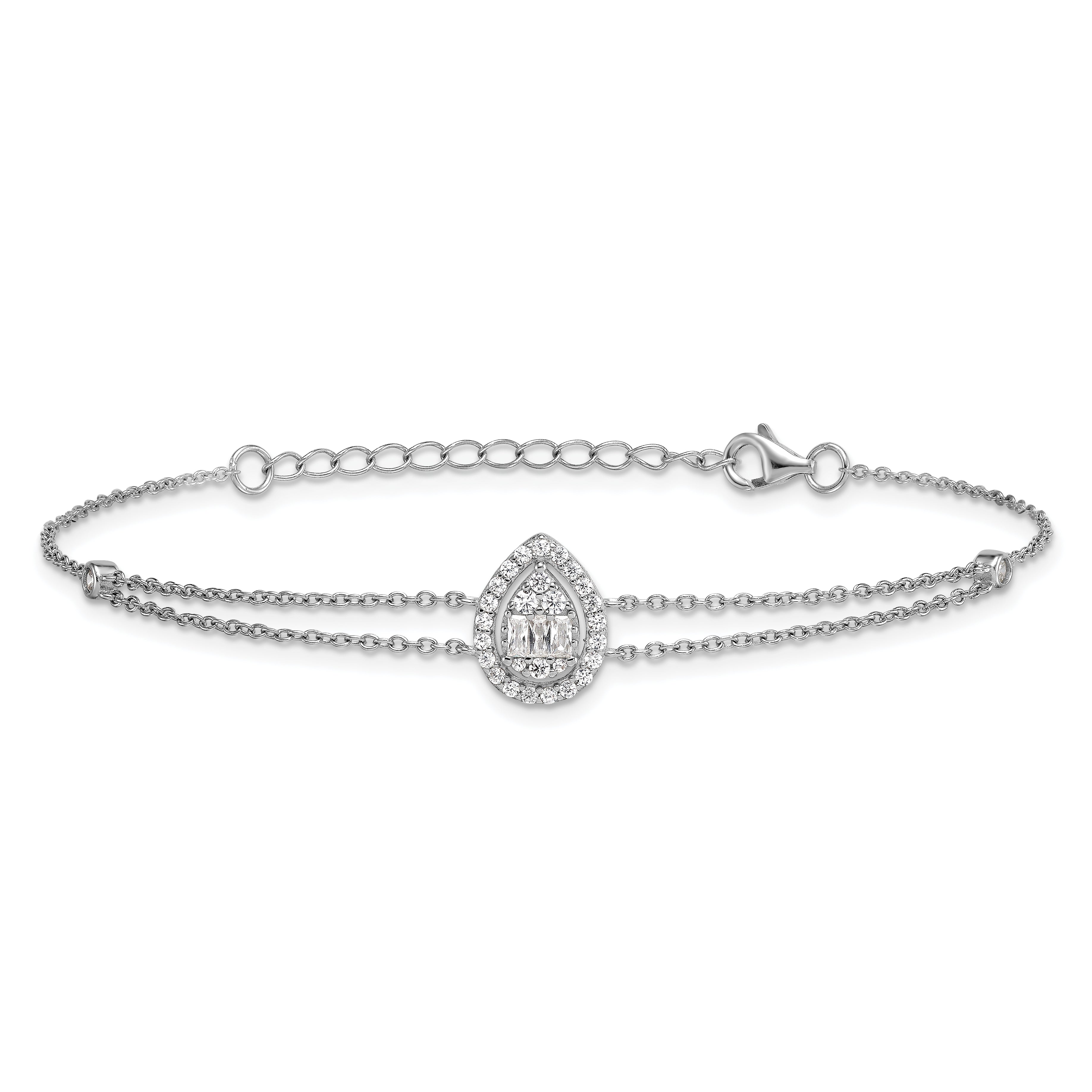 Sterling Silver Rhodium-plated Polished Fancy Two-strand CZ Teardrop Halo 7 Inch with 1 Inch Extension Bracelet