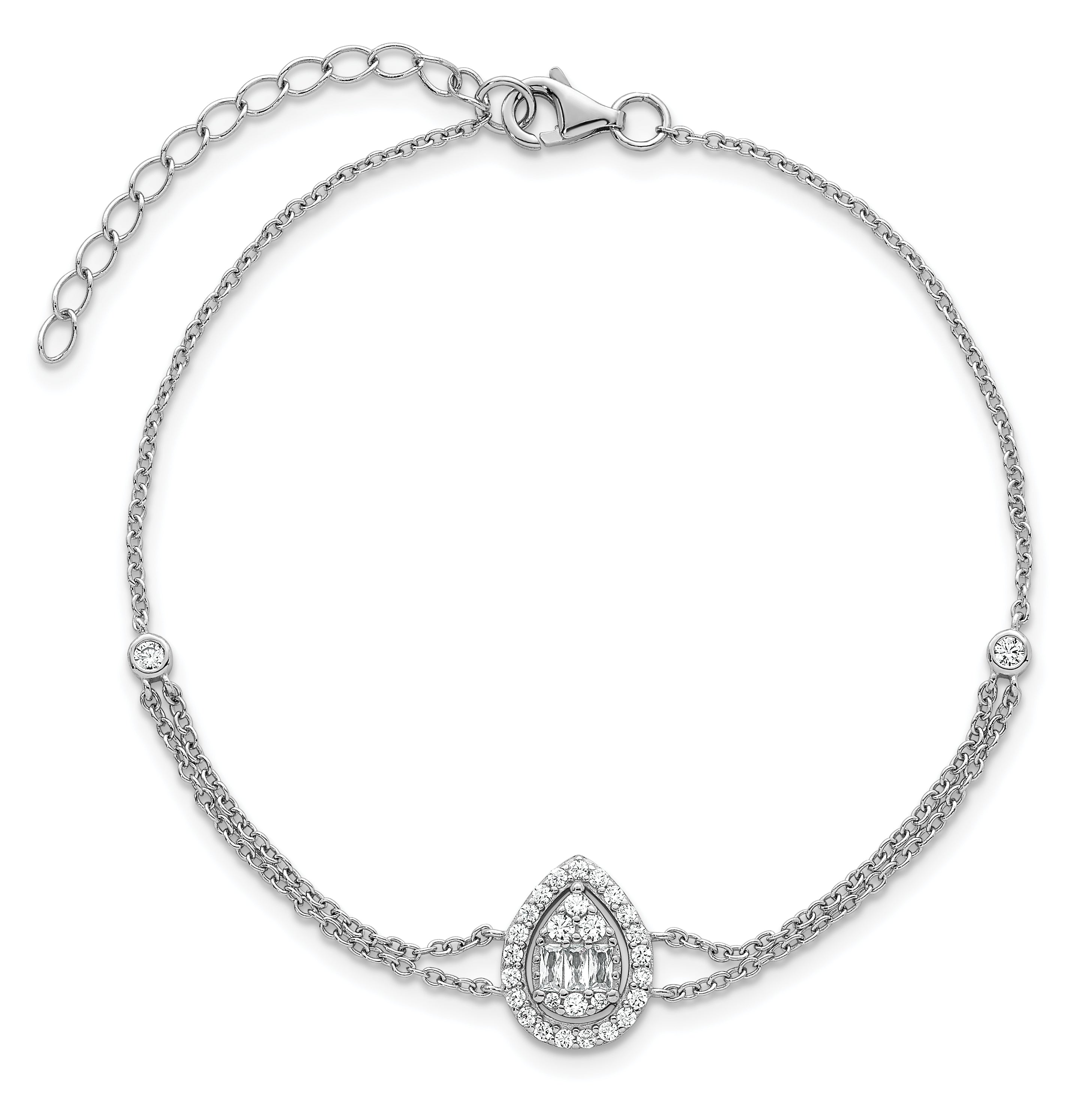 Sterling Silver Rhodium-plated Polished Fancy Two-strand CZ Teardrop Halo 7 Inch with 1 Inch Extension Bracelet