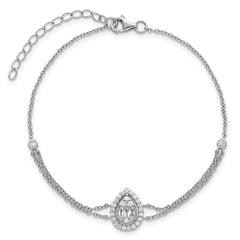 Sterling Silver Rhodium-plated Polished Fancy Two-strand CZ Teardrop Halo 7 Inch with 1 Inch Extension Bracelet