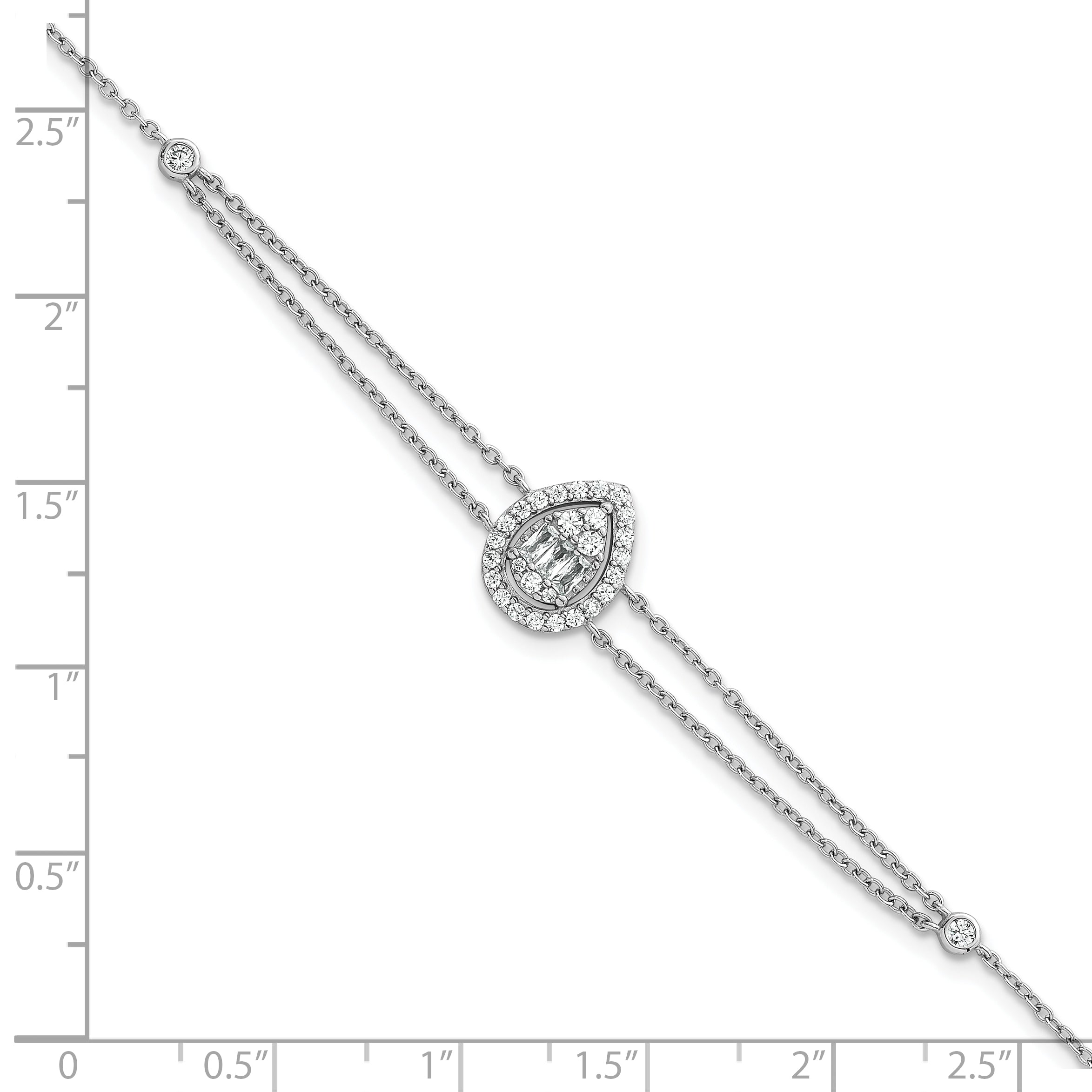 Sterling Silver Rhodium-plated Polished Fancy Two-strand CZ Teardrop Halo 7 Inch with 1 Inch Extension Bracelet