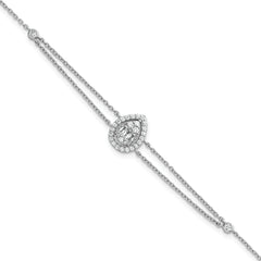 Sterling Silver Rhodium-plated Polished Fancy Two-strand CZ Teardrop Halo 7 Inch with 1 Inch Extension Bracelet