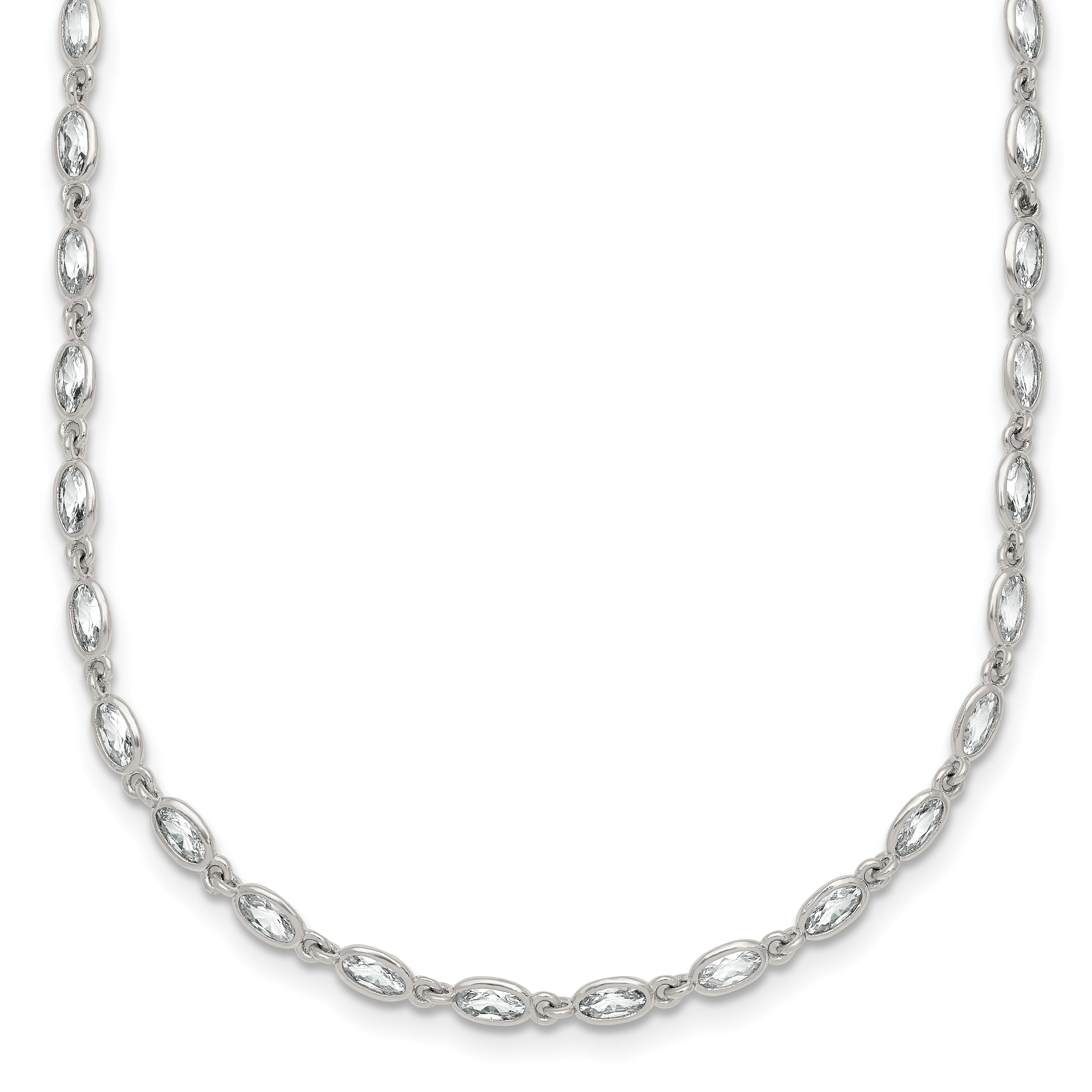 Sterling Silver Polished Oval Bezel CZ 16 Inch with 2 Inch Extension Necklace