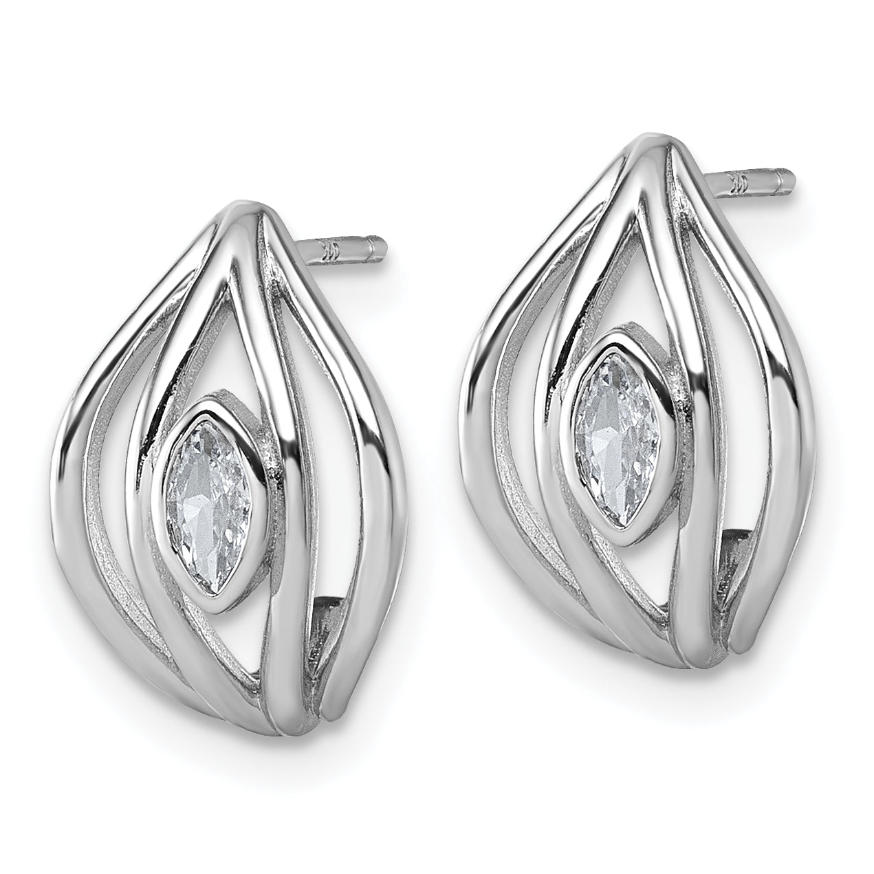 Sterling Silver Rhodium-plated Marquise CZ Polished Oval J-Hoop Post Earrings Secondary image