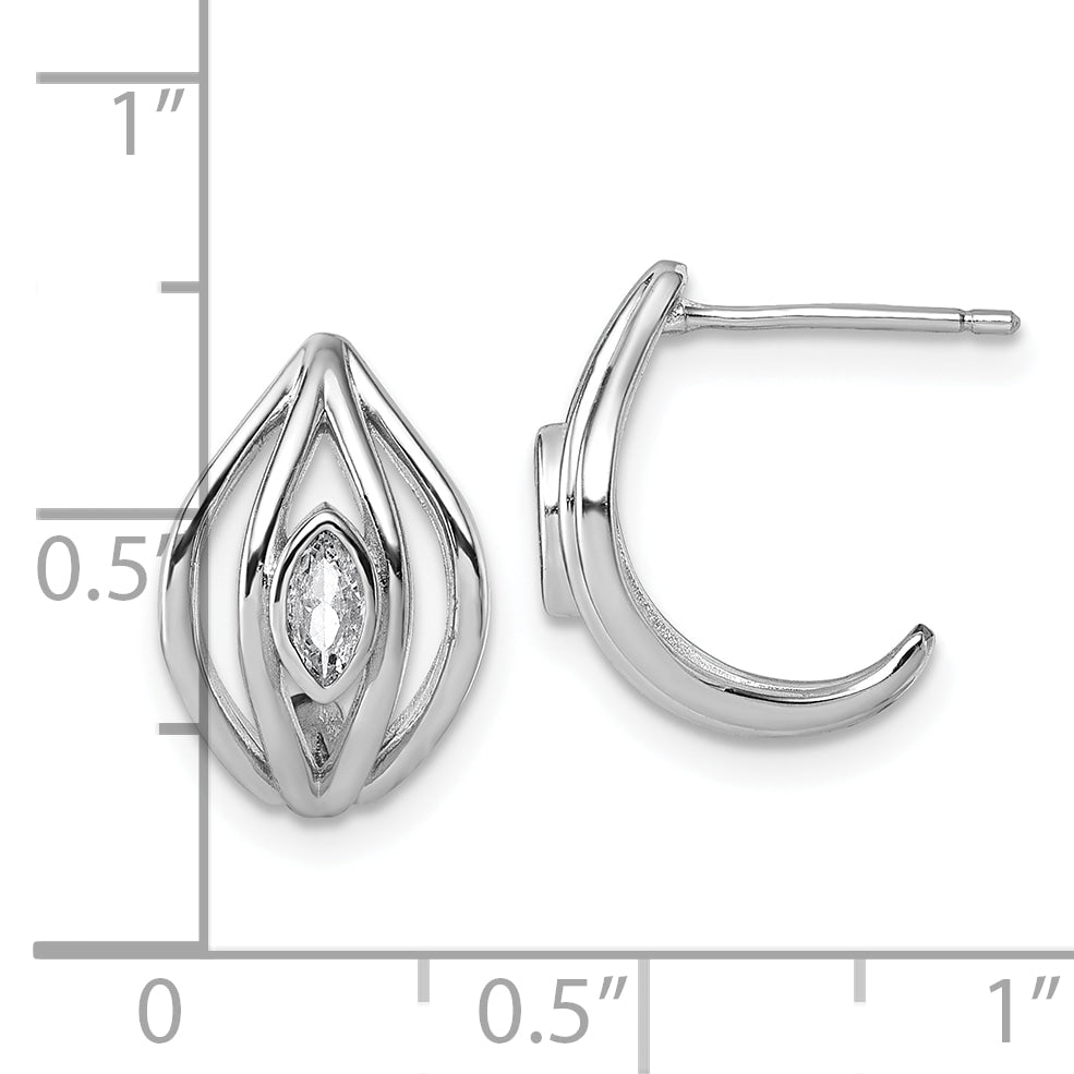 Sterling Silver Rhodium-plated Marquise CZ Polished Oval J-Hoop Post Earrings
