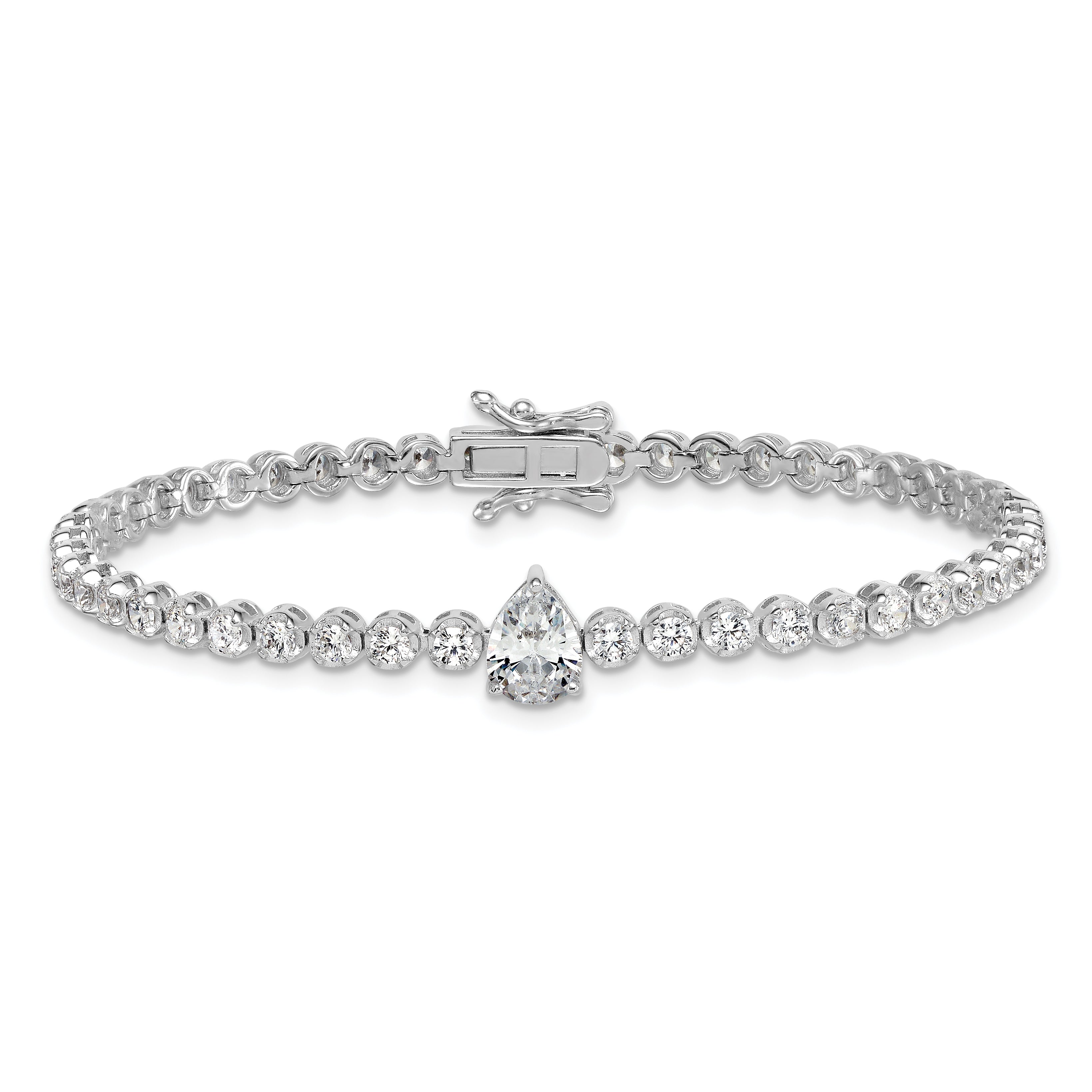 Sterling Silver Rhodium-plated Polished Round and Pear Teardrop CZ 7.25 Inch Bracelet