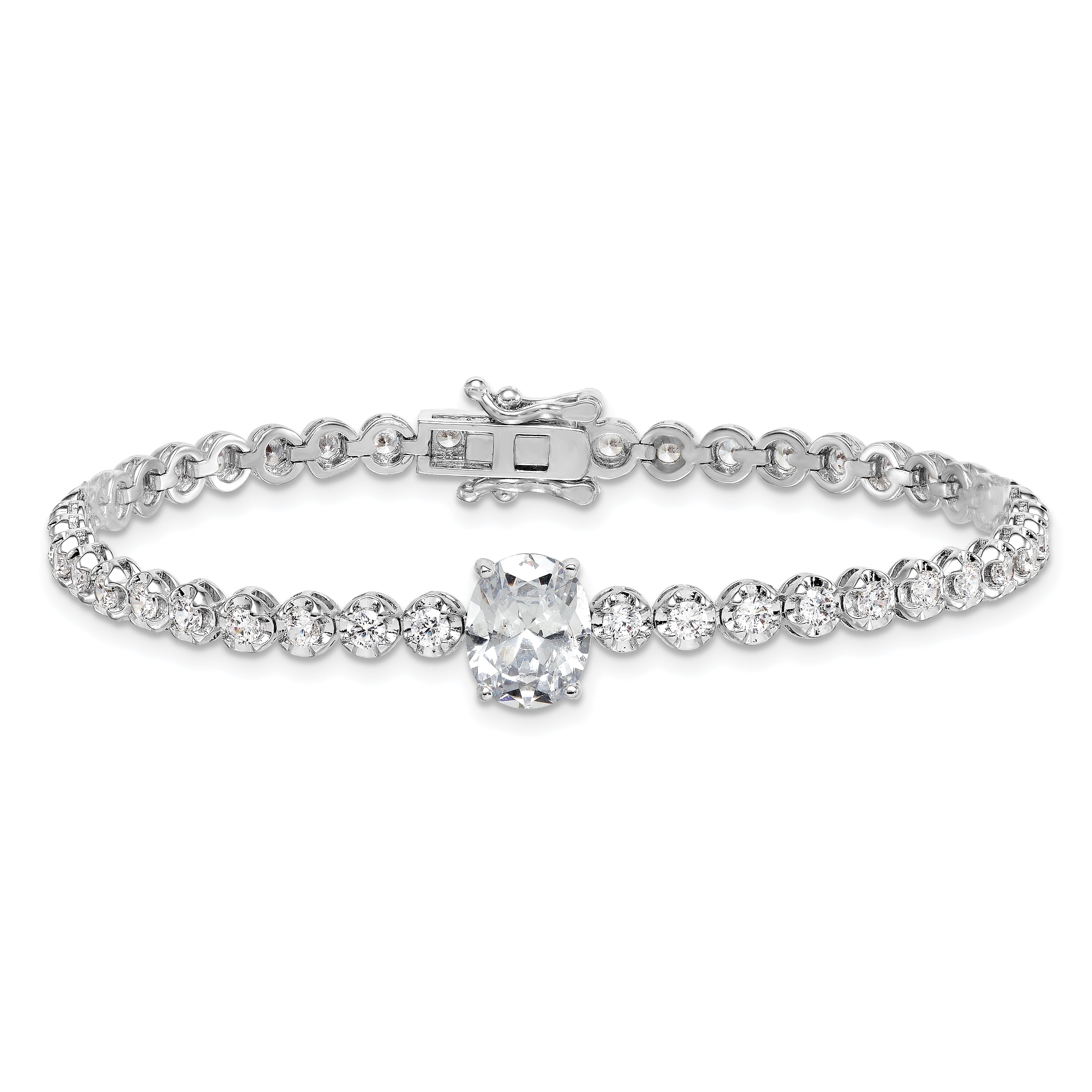 Sterling Silver Rhodium-plated Polished Fancy Oval and Round CZ 7.25 Inch Bracelet