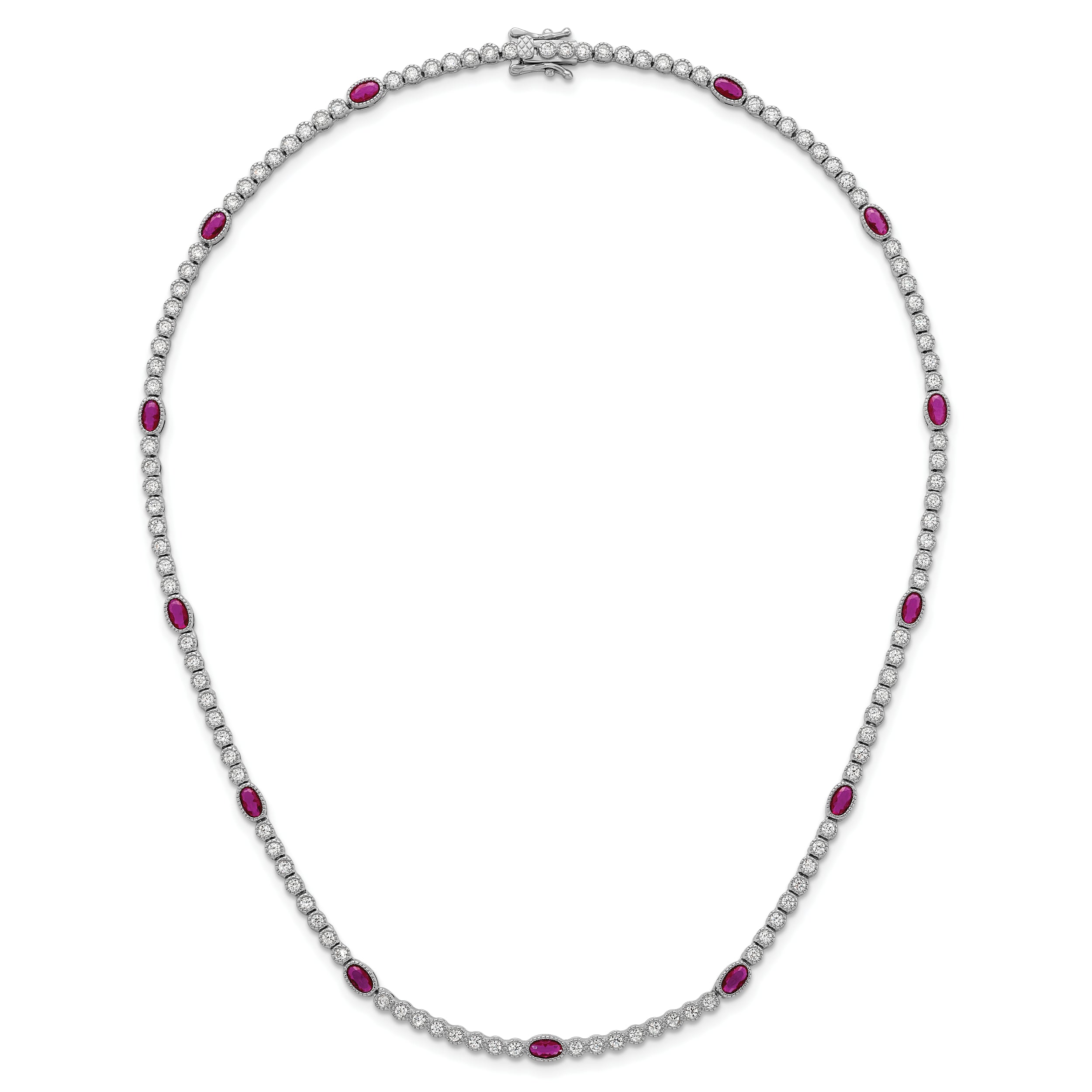 Sterling Silver Rhodium-plated Polished and Beaded Fancy Oval Red and Round White CZ 17 Inch Necklace